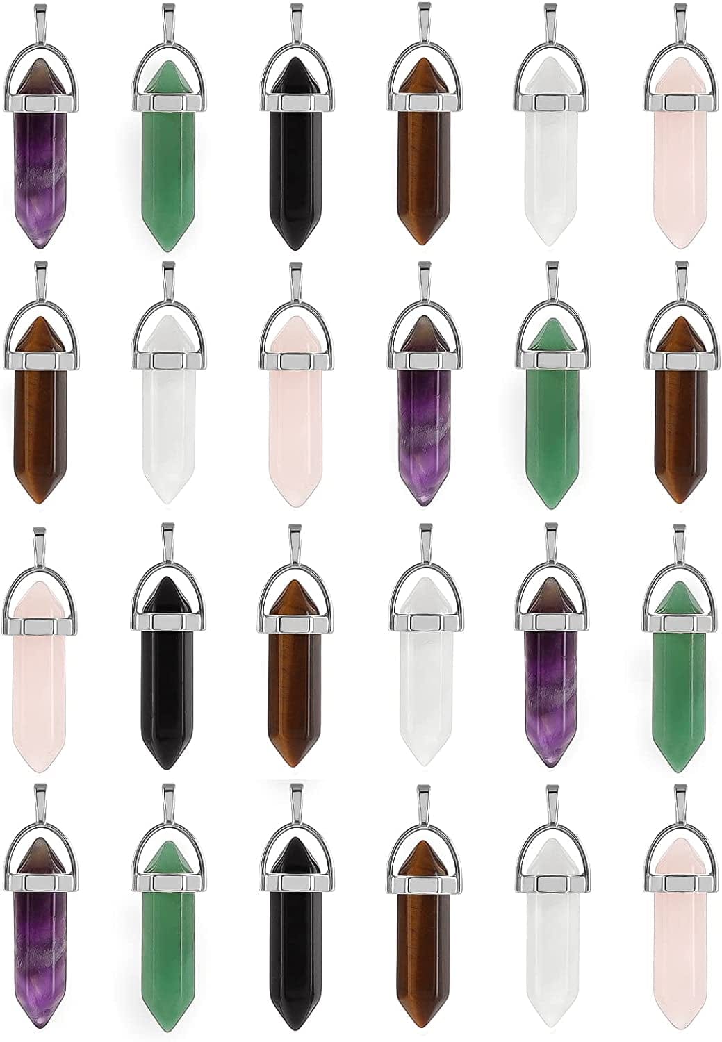 24 Pcs Healing Chakra Crystal Pendant Hexagonal Pointed Natural Stone Bullet Shaped Pendant Gemstone Quartz Charm Pendants for Necklace Jewelry Making(24) 24-C
