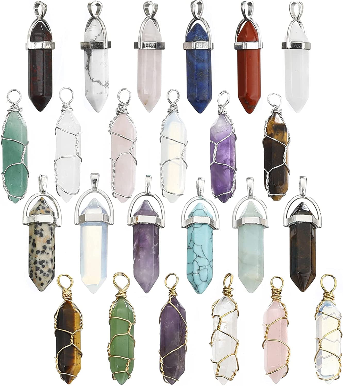 24 Pcs Healing Chakra Crystal Pendant Hexagonal Pointed Natural Stone Bullet Shaped Pendant Gemstone Quartz Charm Pendants for Necklace Jewelry Making(24) 24-A