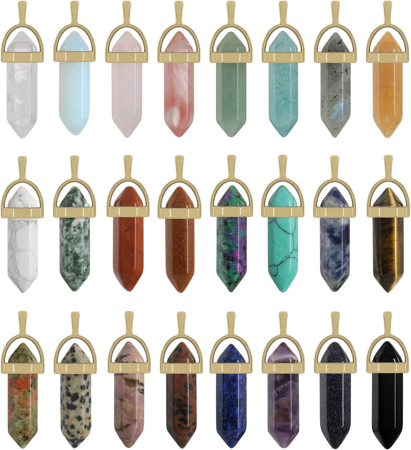 24 Pcs Healing Chakra Crystal Pendant Hexagonal Pointed Natural Stone Bullet Shaped Pendant Gemstone Quartz Charm Pendants for Necklace Jewelry Making(24) 24-D