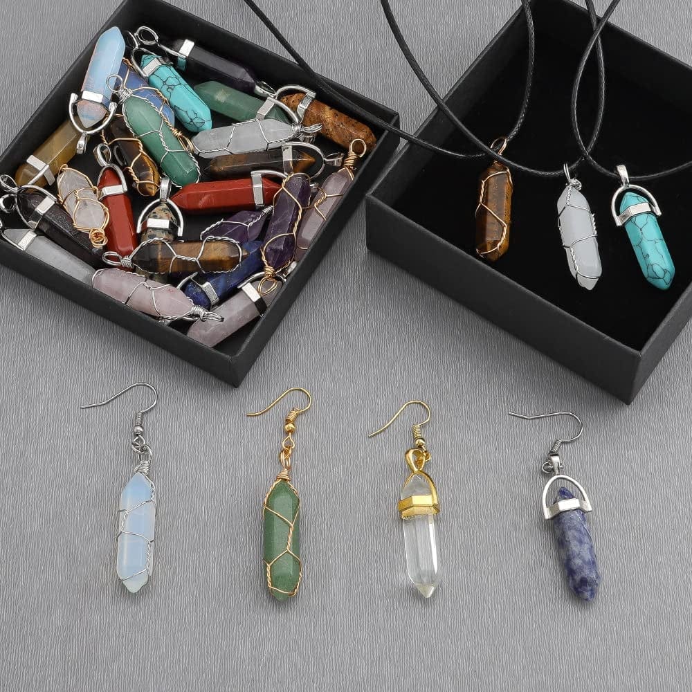 24 Pcs Healing Chakra Crystal Pendant Hexagonal Pointed Natural Stone Bullet Shaped Pendant Gemstone Quartz Charm Pendants for Necklace Jewelry Making(24)