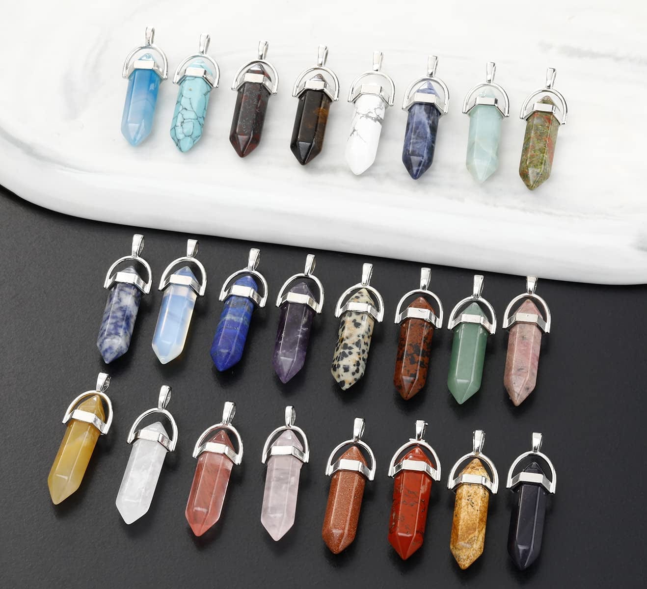 24 Pcs Healing Chakra Crystal Pendant Hexagonal Pointed Natural Stone Bullet Shaped Pendant Gemstone Quartz Charm Pendants for Necklace Jewelry Making(24)
