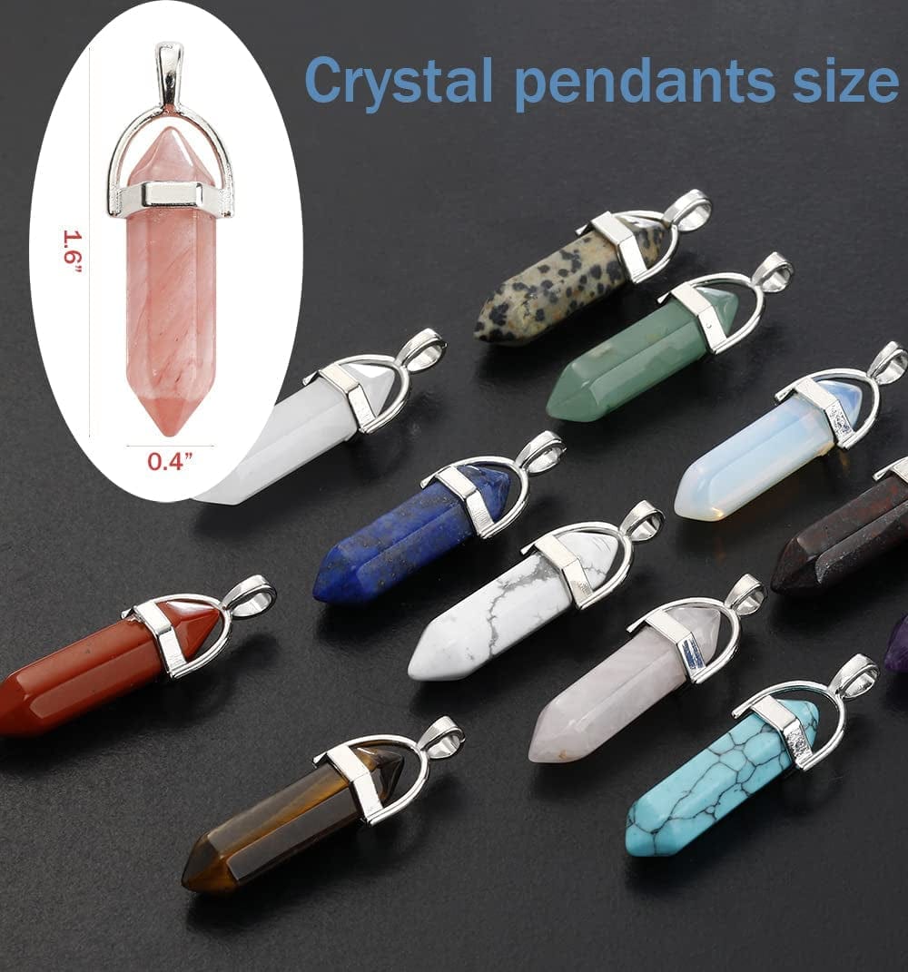 24 Pcs Healing Chakra Crystal Pendant Hexagonal Pointed Natural Stone Bullet Shaped Pendant Gemstone Quartz Charm Pendants for Necklace Jewelry Making(24)
