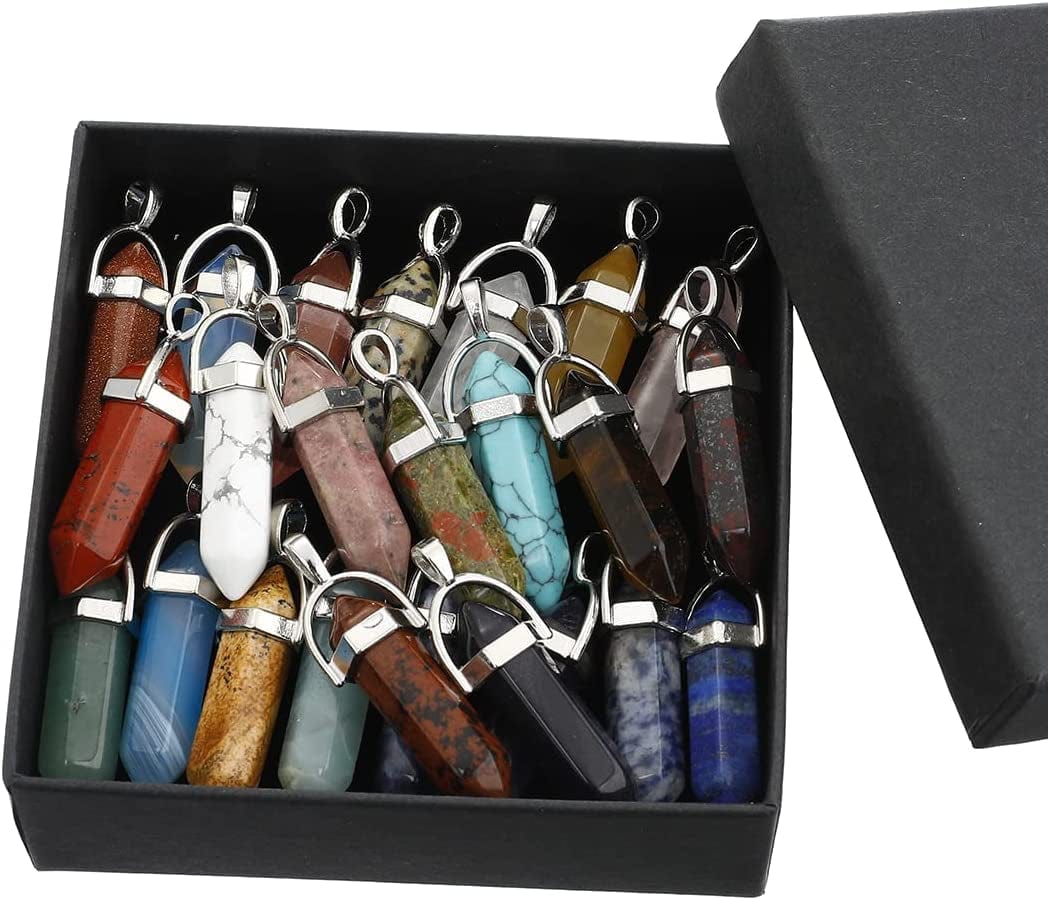24 Pcs Healing Chakra Crystal Pendant Hexagonal Pointed Natural Stone Bullet Shaped Pendant Gemstone Quartz Charm Pendants for Necklace Jewelry Making(24)