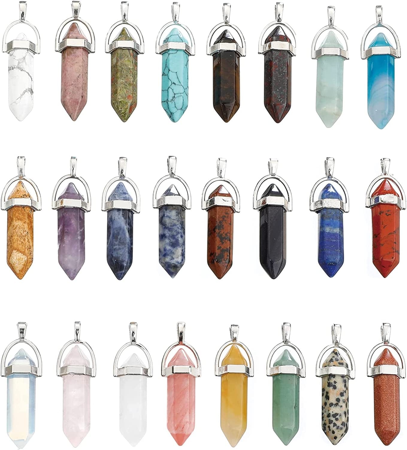 24 Pcs Healing Chakra Crystal Pendant Hexagonal Pointed Natural Stone Bullet Shaped Pendant Gemstone Quartz Charm Pendants for Necklace Jewelry Making(24) 24-B