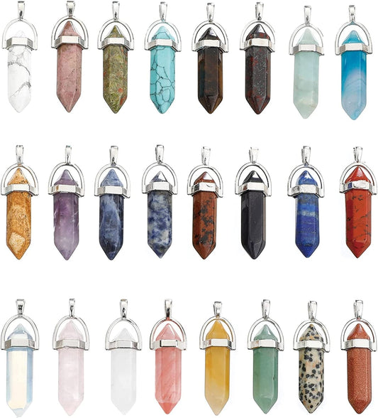 24 Pcs Healing Chakra Crystal Pendant Hexagonal Pointed Natural Stone Bullet Shaped Pendant Gemstone Quartz Charm Pendants for Necklace Jewelry Making(24) 24-B