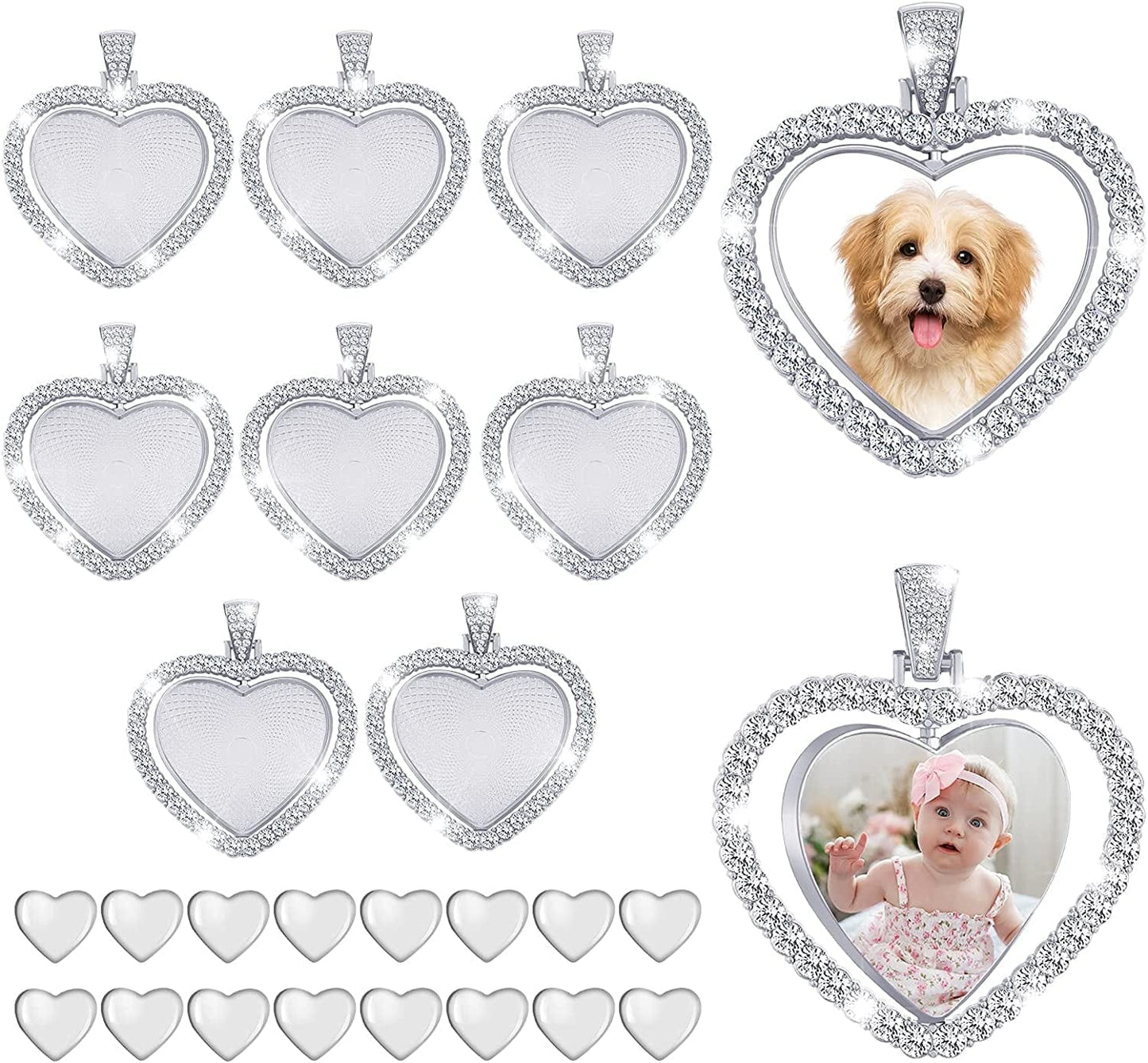24 Pcs Rhinestone Sublimation Pendant Trays Set Including 8 Heart Shape Double Sided Blank Pendant Charms with 16 Glass Domes Sublimation Blank Discs Necklaces Halloween Jewelry Making Silver