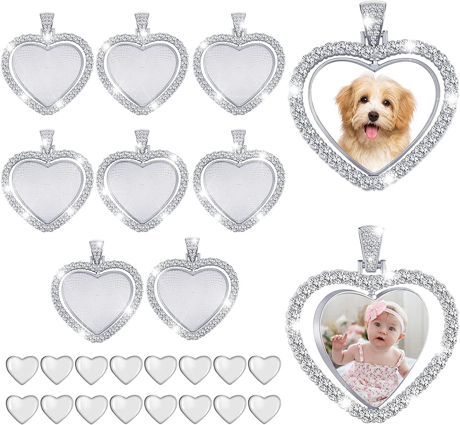 24 Pcs Rhinestone Sublimation Pendant Trays Set Including 8 Heart Shape Double Sided Blank Pendant Charms with 16 Glass Domes Sublimation Blank Discs Necklaces Halloween Jewelry Making Silver