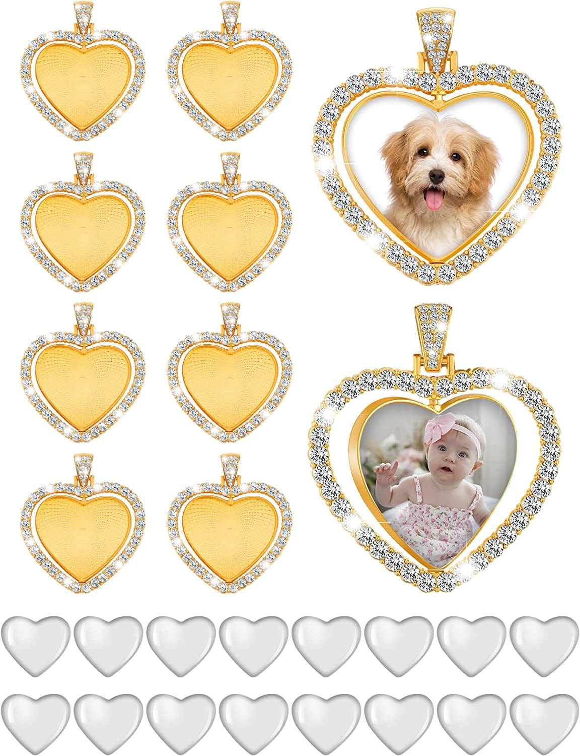 24 Pcs Rhinestone Sublimation Pendant Trays Set Including 8 Heart Shape Double Sided Blank Pendant Charms with 16 Glass Domes Sublimation Blank Discs Necklaces Halloween Jewelry Making Gold