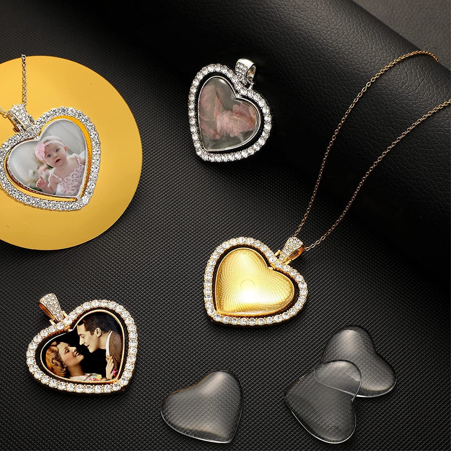 24 Pcs Rhinestone Sublimation Pendant Trays Set Including 8 Heart Shape Double Sided Blank Pendant Charms with 16 Glass Domes Sublimation Blank Discs Necklaces Halloween Jewelry Making