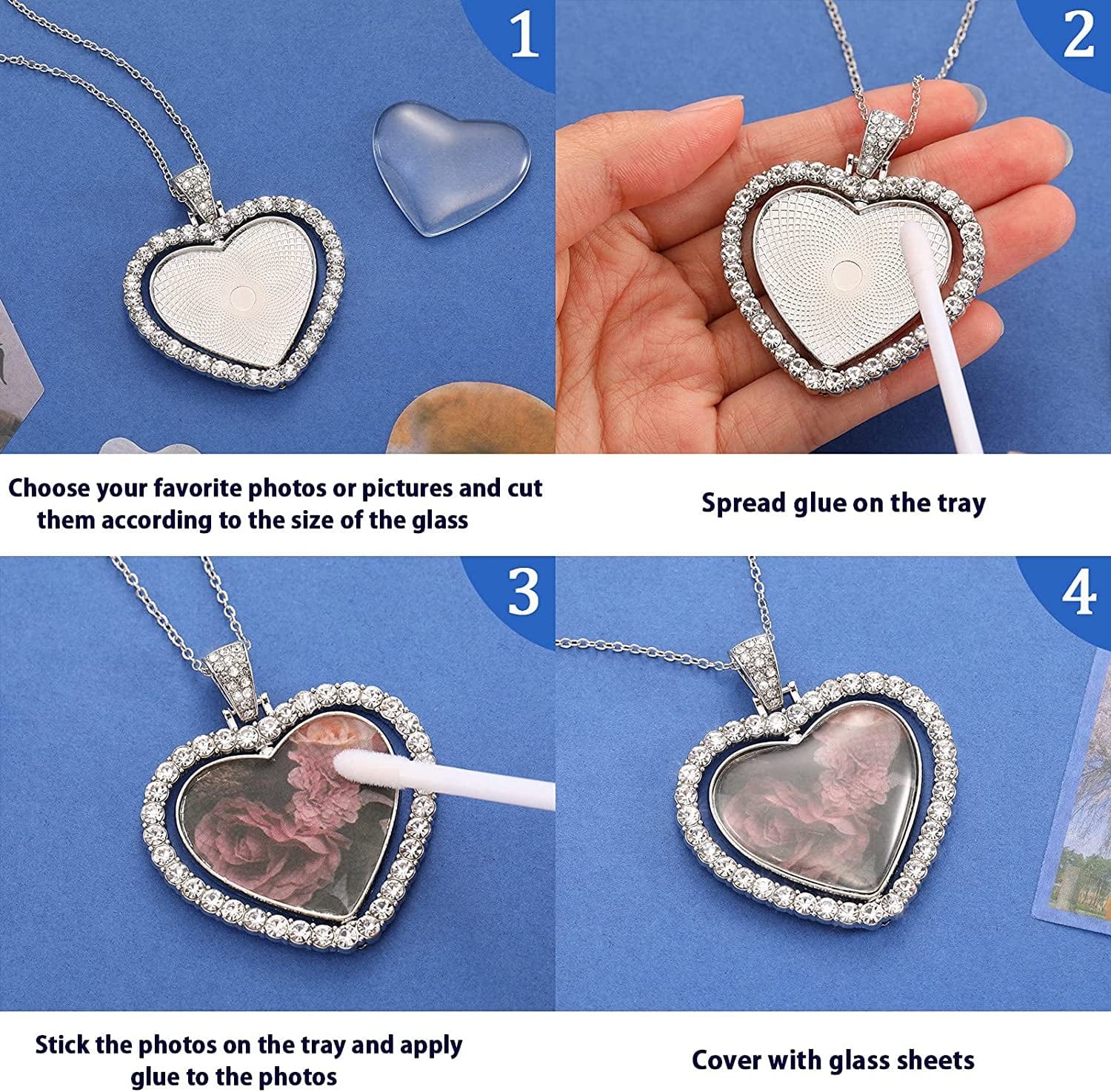 24 Pcs Rhinestone Sublimation Pendant Trays Set Including 8 Heart Shape Double Sided Blank Pendant Charms with 16 Glass Domes Sublimation Blank Discs Necklaces Halloween Jewelry Making