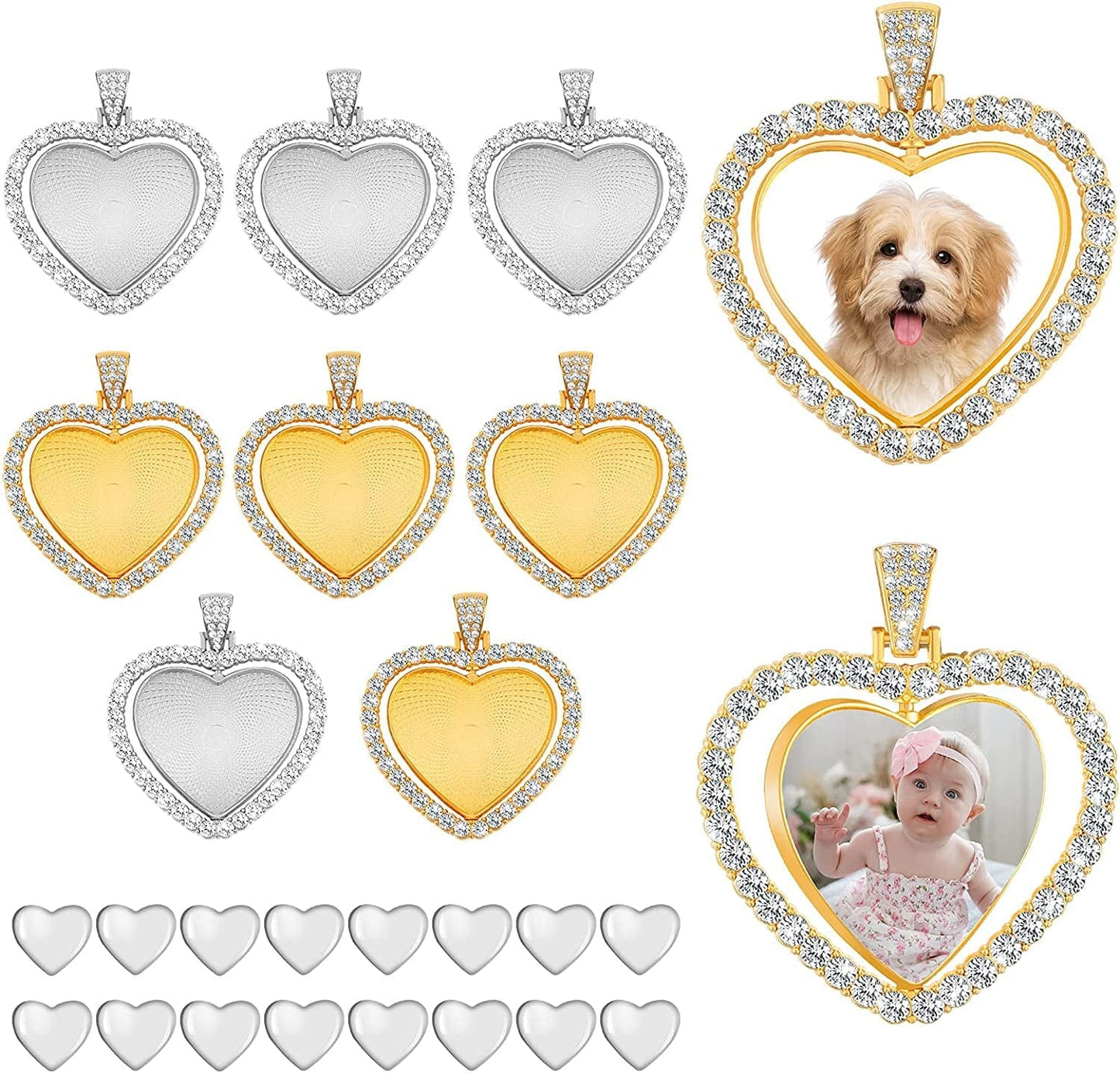 24 Pcs Rhinestone Sublimation Pendant Trays Set Including 8 Heart Shape Double Sided Blank Pendant Charms with 16 Glass Domes Sublimation Blank Discs Necklaces Halloween Jewelry Making Gold, Silver