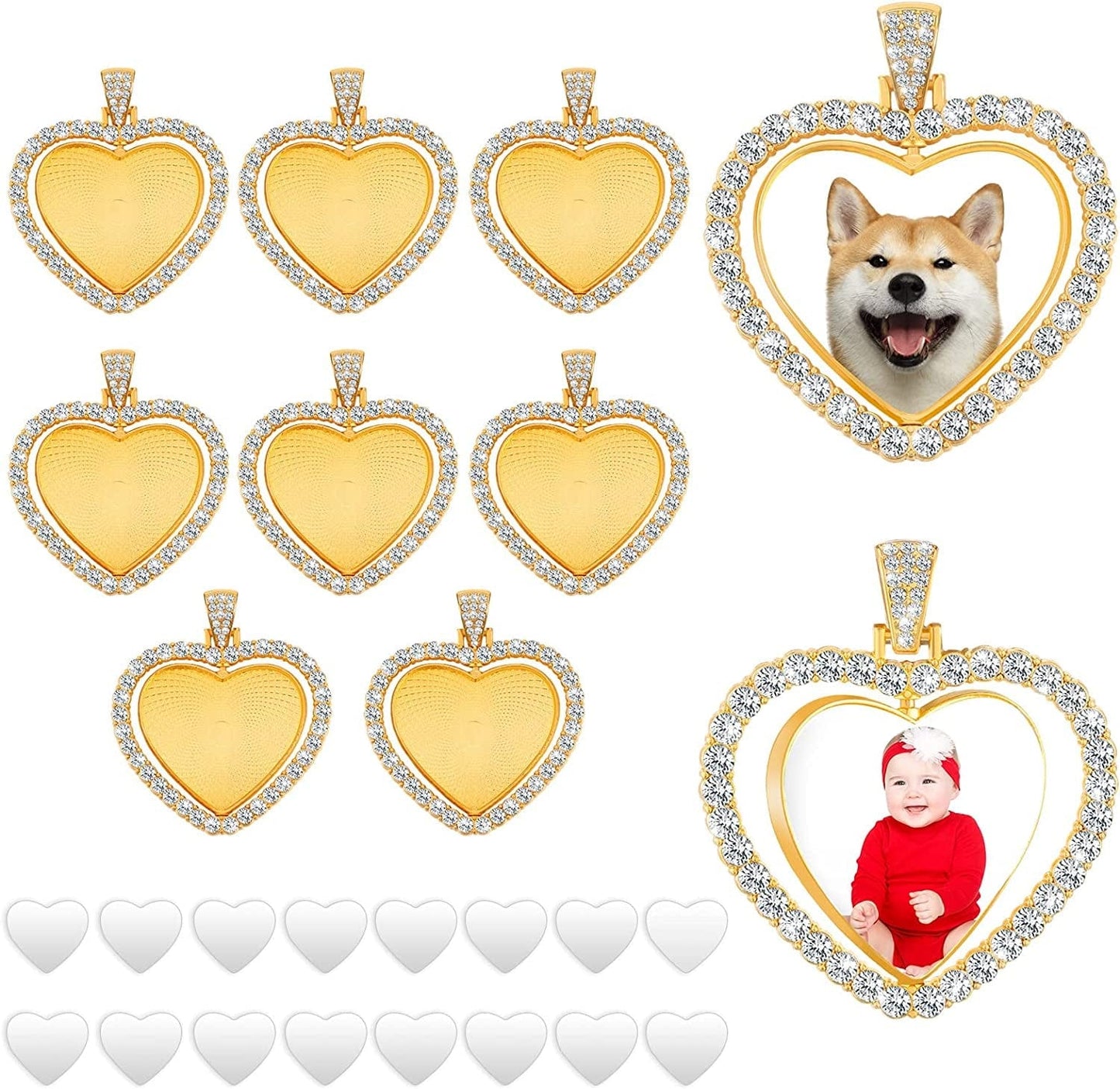 24 Pcs Sublimation Rhinestone Trays Pendant Set Including 8 Heart Shape Double Sided Blank Pendant Charms with 16 Sublimation Blank Discs for Necklaces Chains Jewelry Making Charms Gold