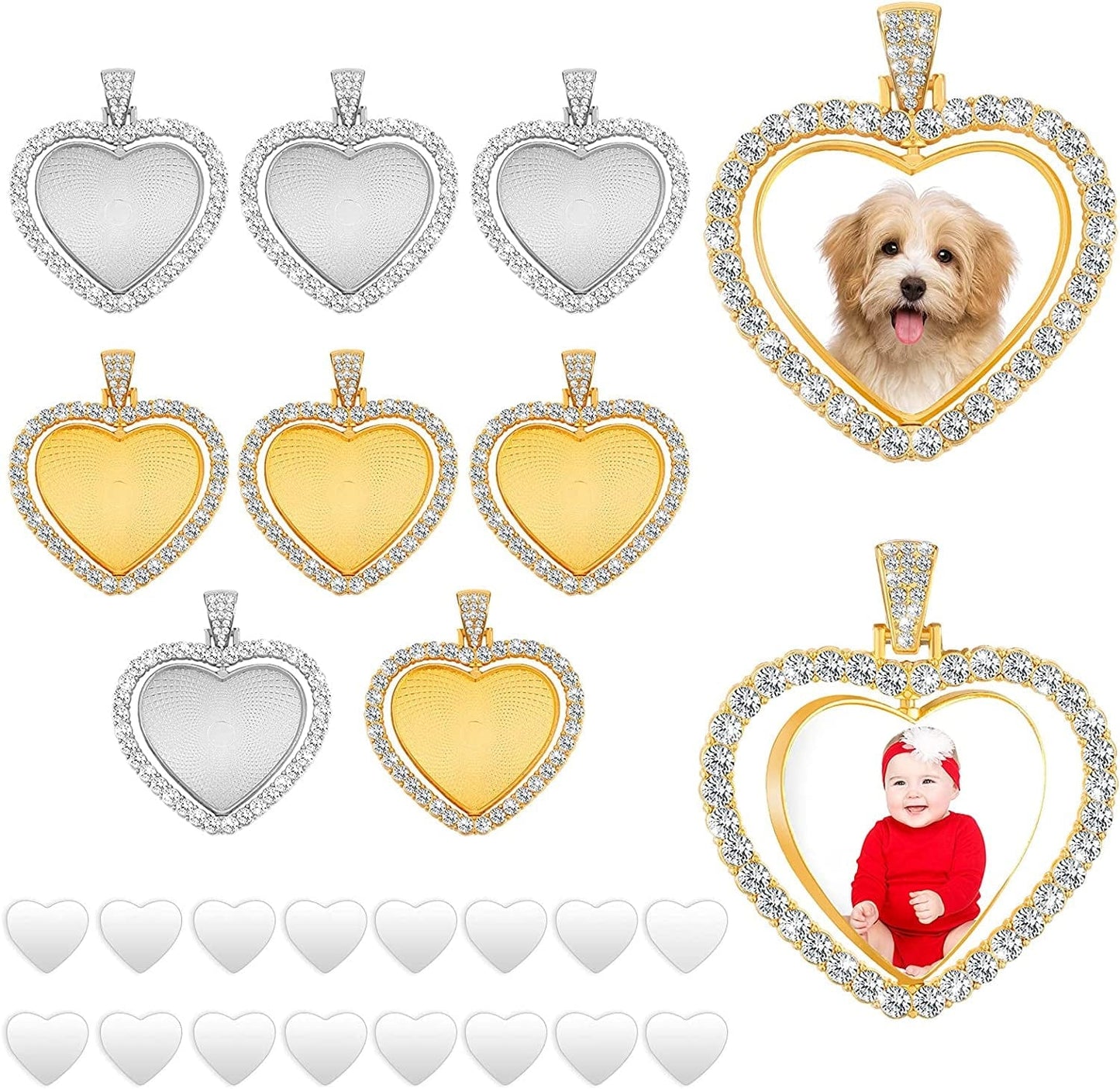 24 Pcs Sublimation Rhinestone Trays Pendant Set Including 8 Heart Shape Double Sided Blank Pendant Charms with 16 Sublimation Blank Discs for Necklaces Chains Jewelry Making Charms Gold, White K