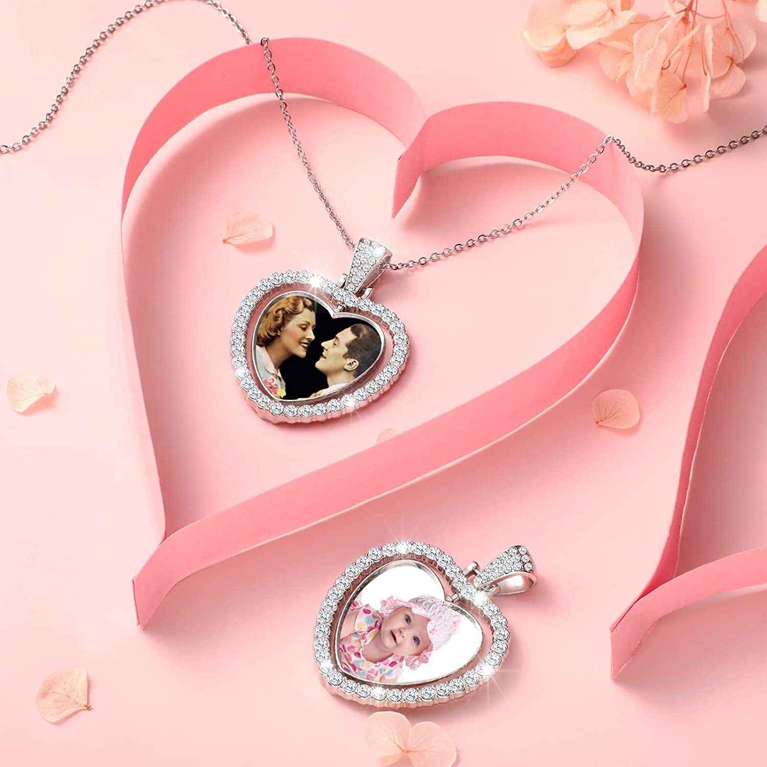 24 Pcs Sublimation Rhinestone Trays Pendant Set Including 8 Heart Shape Double Sided Blank Pendant Charms with 16 Sublimation Blank Discs for Necklaces Chains Jewelry Making Charms