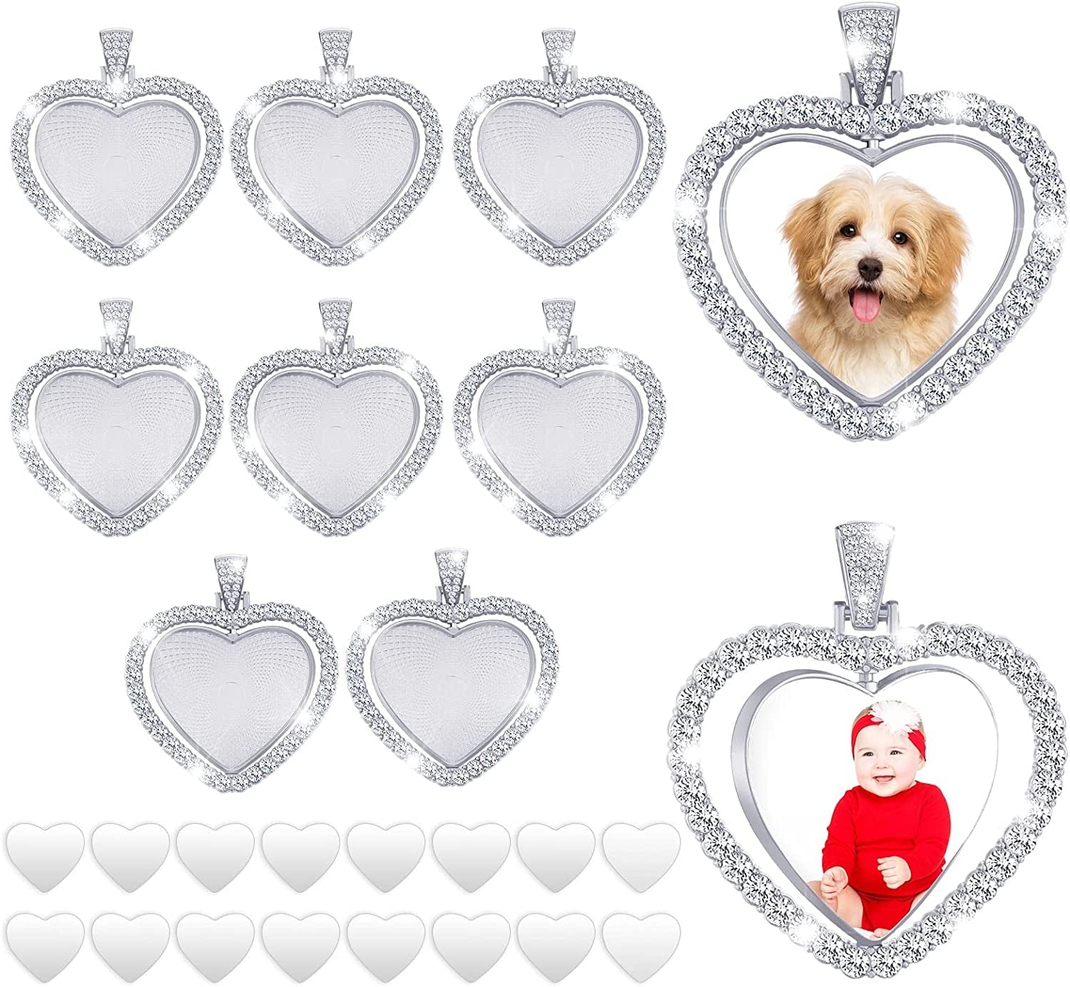 24 Pcs Sublimation Rhinestone Trays Pendant Set Including 8 Heart Shape Double Sided Blank Pendant Charms with 16 Sublimation Blank Discs for Necklaces Chains Jewelry Making Charms White K