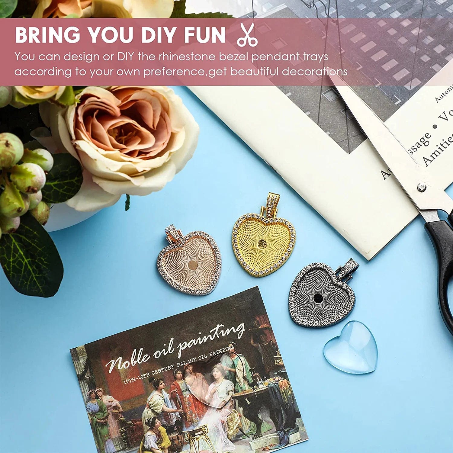 24 Piece Rhinestone Bezel Pendant Tray Set, Include 12 Piece Heart Shaped Pendant Tray Colorful Blank Pendant Charm with 12 Piece Clear Cabochon for DIY Jewelry Craft (Gold, Silver, Rose Gold, Black)