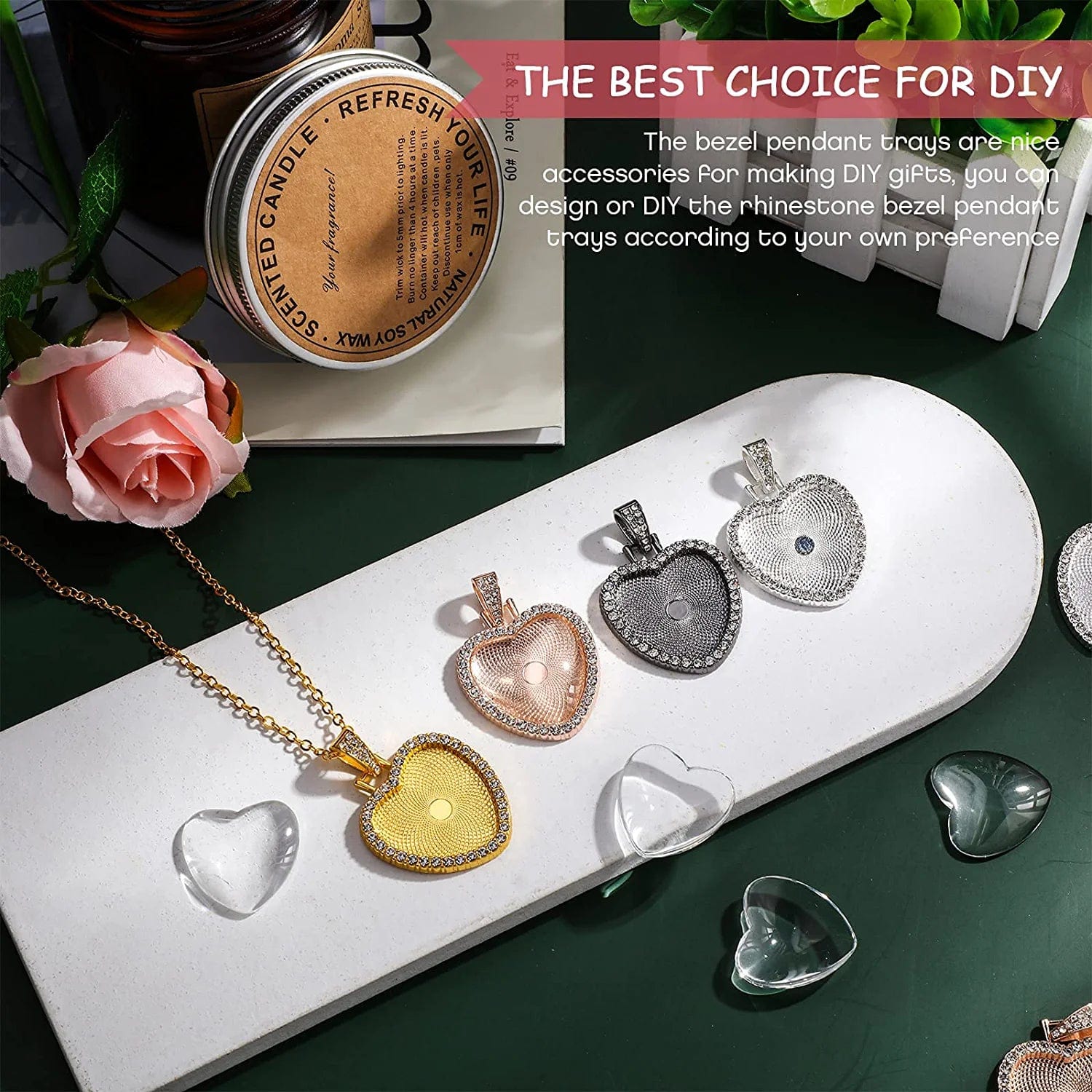 24 Piece Rhinestone Bezel Pendant Tray Set, Include 12 Piece Heart Shaped Pendant Tray Colorful Blank Pendant Charm with 12 Piece Clear Cabochon for DIY Jewelry Craft (Gold, Silver, Rose Gold, Black)