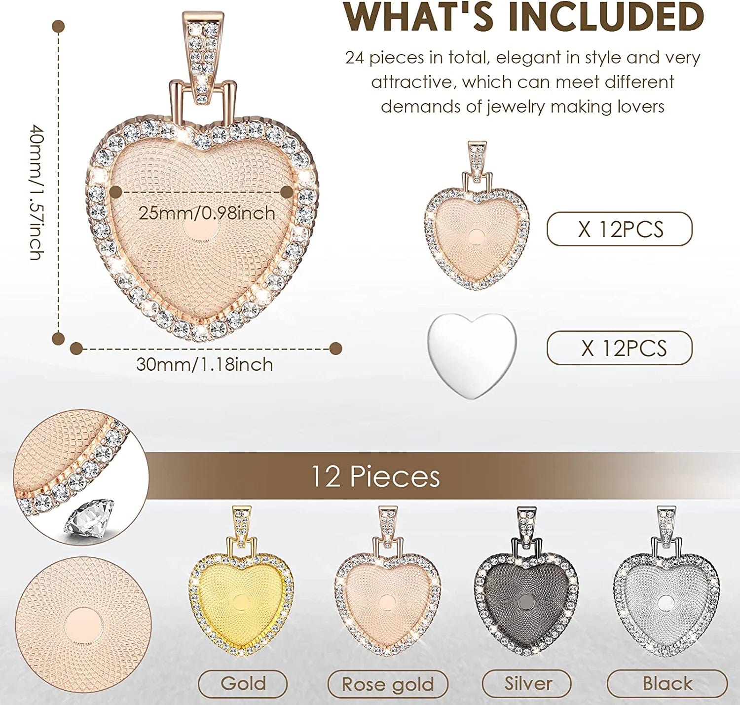 24 Piece Rhinestone Bezel Pendant Tray Set, Include 12 Piece Heart Shaped Pendant Tray Colorful Blank Pendant Charm with 12 Piece Clear Cabochon for DIY Jewelry Craft (Gold, Silver, Rose Gold, Black)