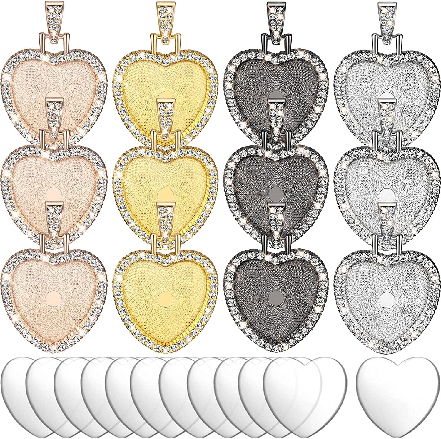 24 Piece Rhinestone Bezel Pendant Tray Set, Include 12 Piece Heart Shaped Pendant Tray Colorful Blank Pendant Charm with 12 Piece Clear Cabochon for DIY Jewelry Craft (Gold, Silver, Rose Gold, Black)