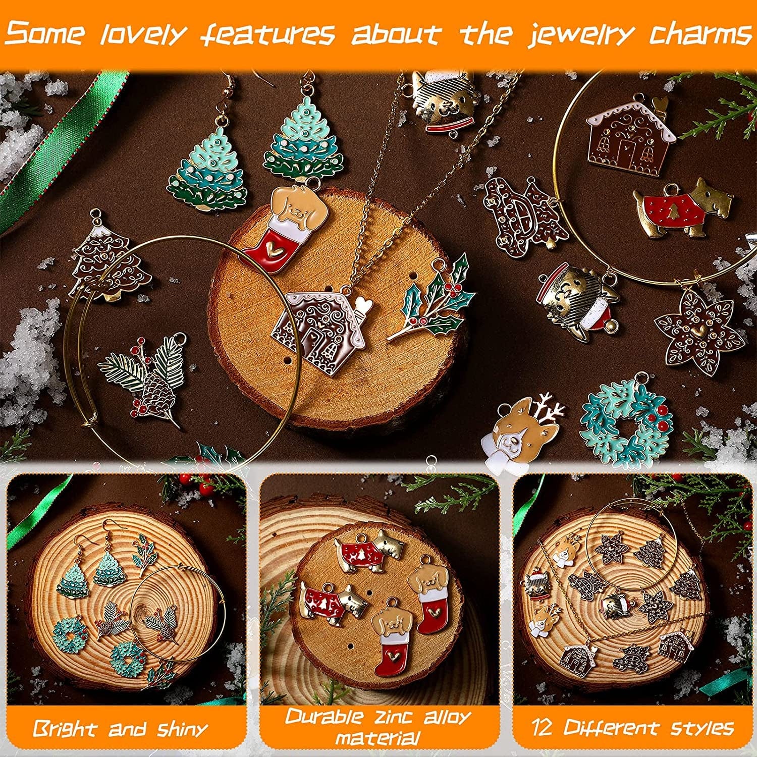24 Pieces Christmas Charm Pendants Reindeer Embellishment Enamel Charms Assorted Gold Plated Xmas Pendants for Necklace Bracelet Jewelry Making Clothes Sewing Bags Decoration DIY Scrapbooking Supply