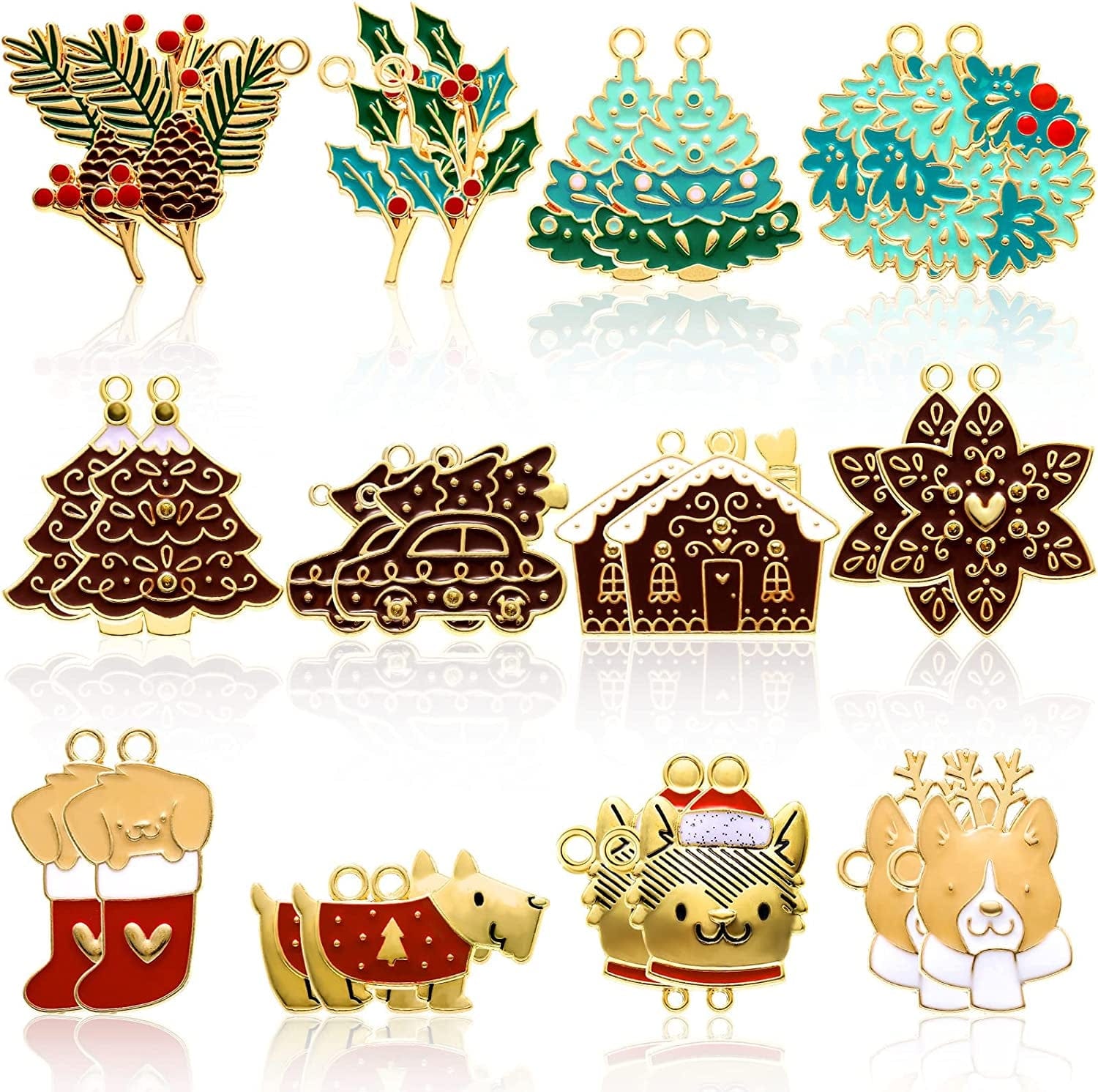 24 Pieces Christmas Charm Pendants Reindeer Embellishment Enamel Charms Assorted Gold Plated Xmas Pendants for Necklace Bracelet Jewelry Making Clothes Sewing Bags Decoration DIY Scrapbooking Supply