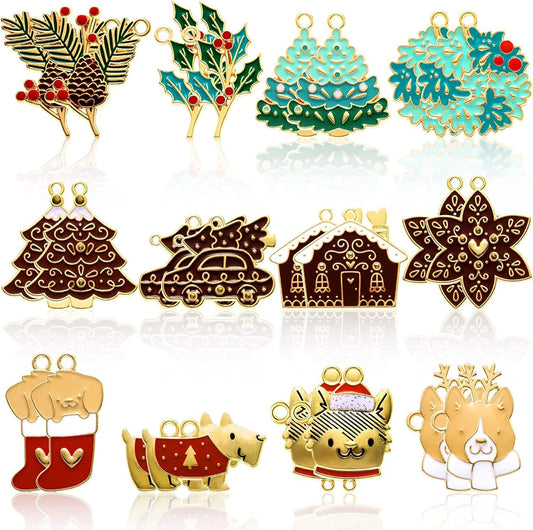 24 Pieces Christmas Charm Pendants Reindeer Embellishment Enamel Charms Assorted Gold Plated Xmas Pendants for Necklace Bracelet Jewelry Making Clothes Sewing Bags Decoration DIY Scrapbooking Supply