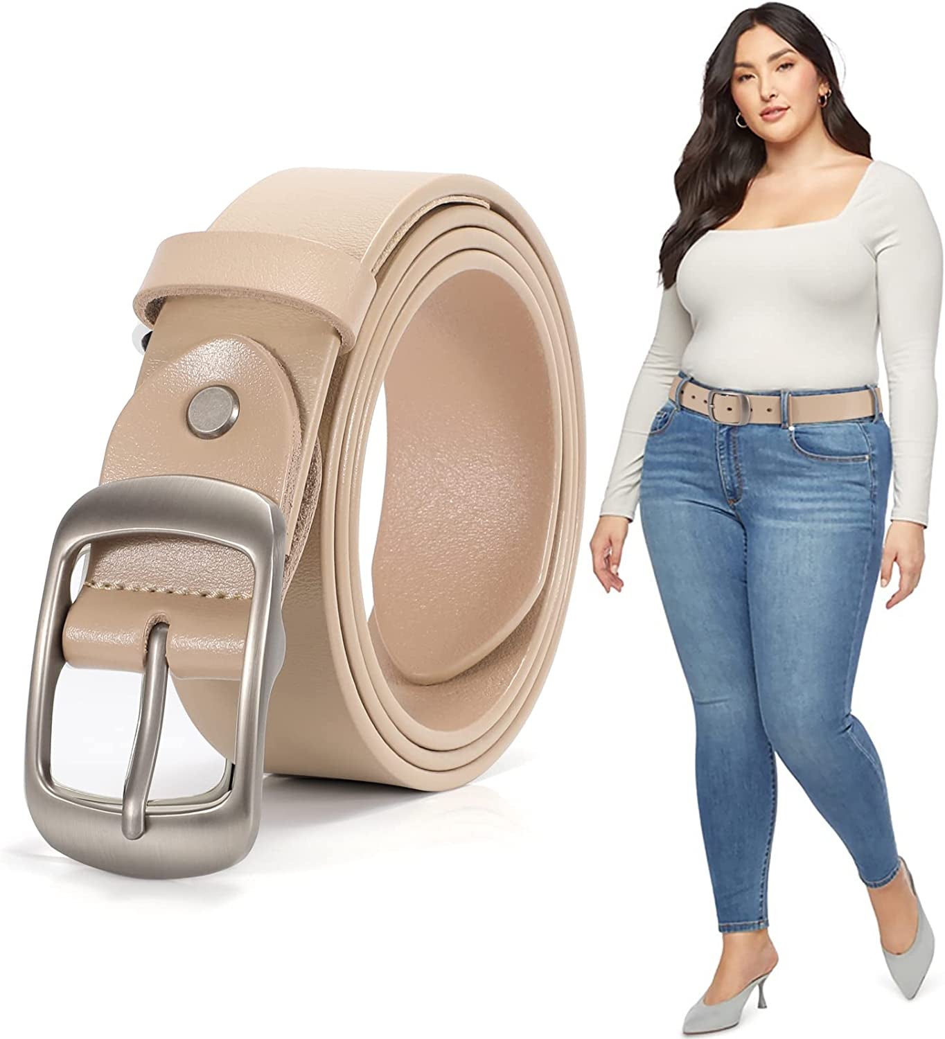Plus Size Women Leather Belt JASGOOD Black Casual Waist Belt for Jeans Pants with Metal Pin Buckle Apparel & Accessories > Clothing Accessories > Belts KYLIE MAX G-beige Fit Waist Size 37''-42''