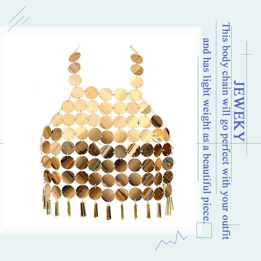 Jeweky Boho Sequins Bra Chain Gold Crop Top Body Chains Backless Beach Nightclub Rave Body Accessories Jewelry for Women and Girls Apparel & Accessories > Jewelry > Body Jewelry Artist Unknown