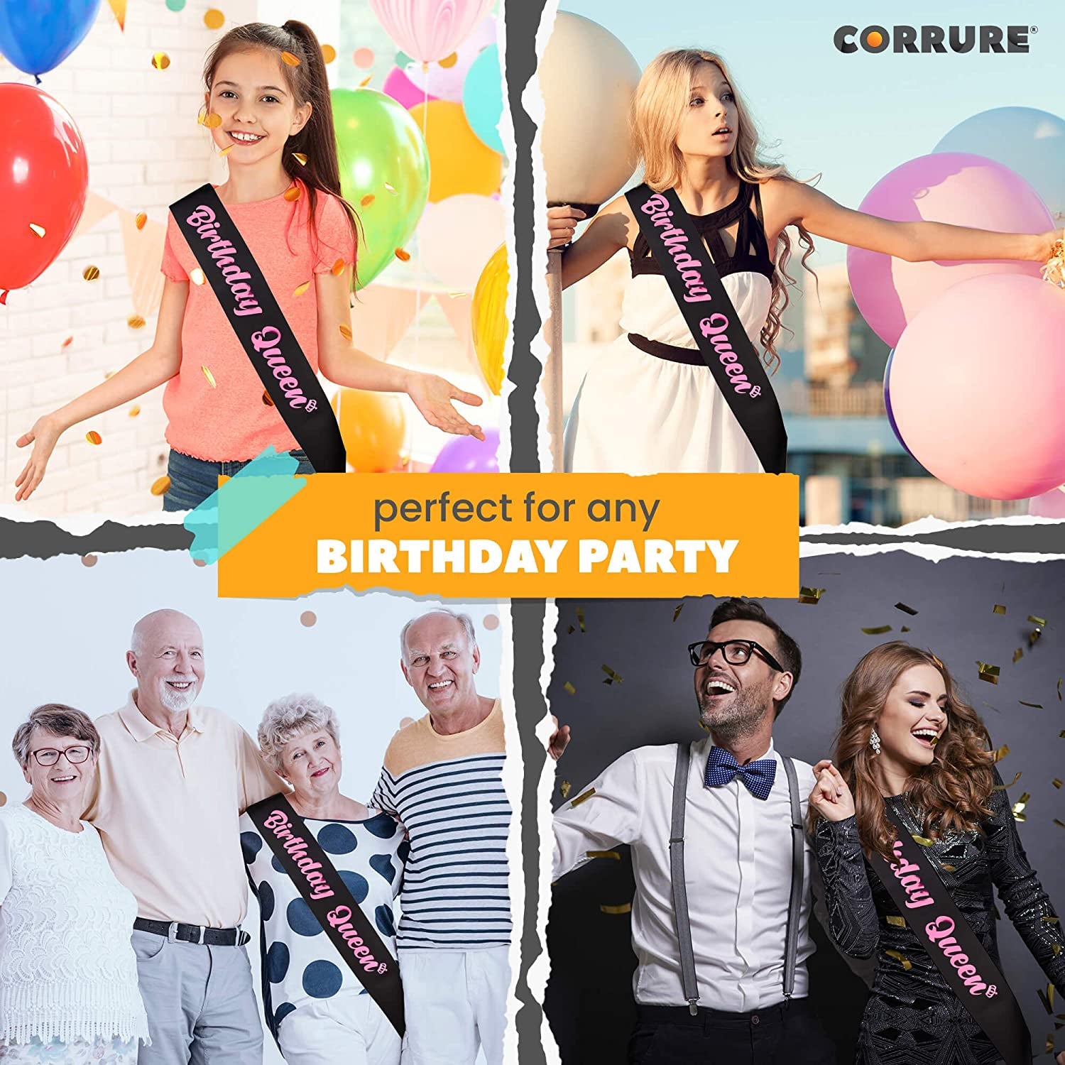 CORRURE 'Birthday Queen' Sash with Pink Foil - Soft Satin Black Sash for Women - Happy Birthday Sash for Girls, Sweet 16, 18Th 21St 25Th 30Th 40Th 50Th or Any Other Bday Party Apparel & Accessories > Clothing Accessories > Sashes CORRURE