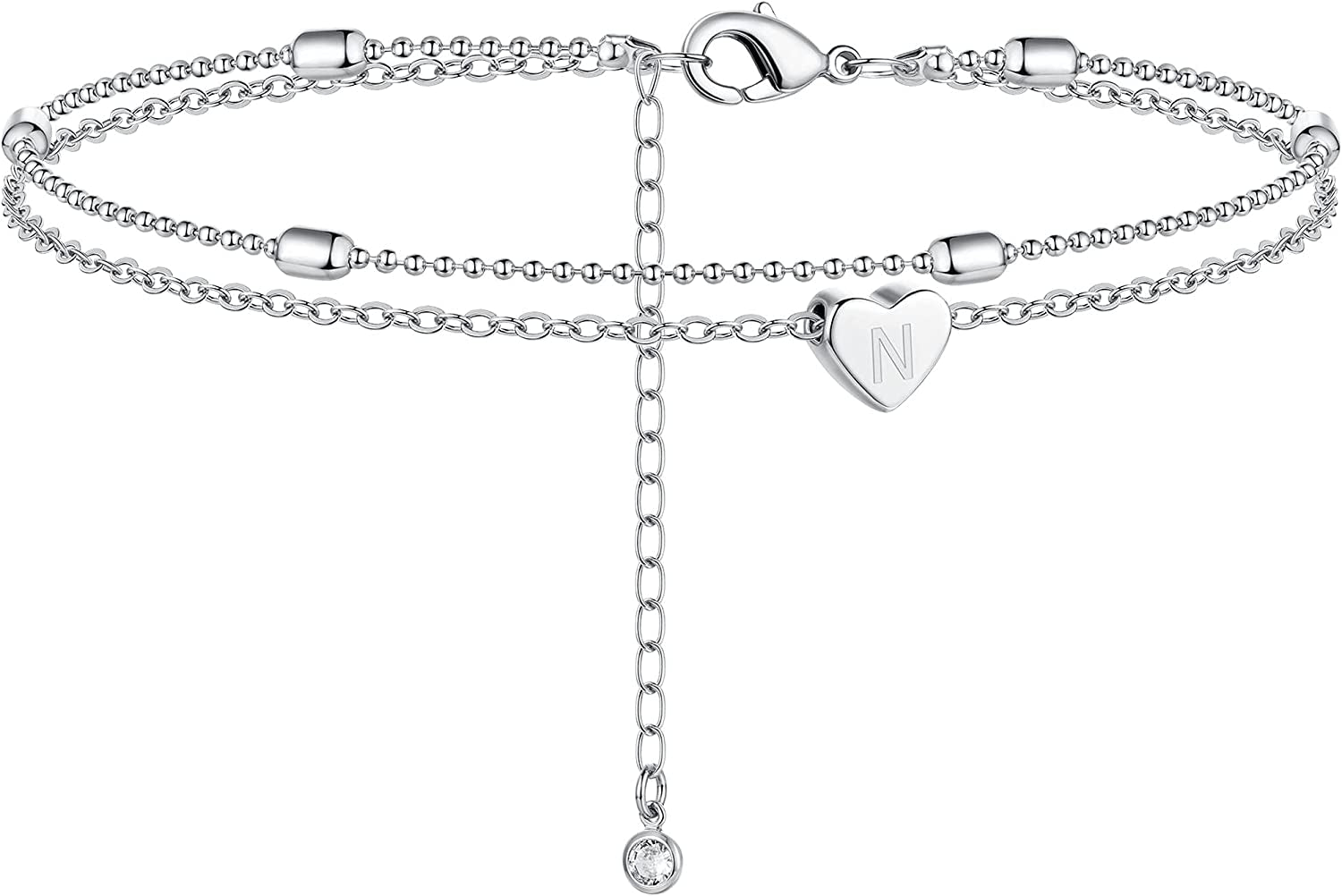 Moodear Silver Ankle Bracelets for Women, Sterling Silver Initial Anklet Layered Dainty Tiny Heart Charm Handmade Carved Alphabet A-Z Letter Ankle Bracelet Beaded Foot Chain Personalized Name Anklets Summer Cute Boho Beach Gift for Her Apparel & Accessories > Jewelry > Anklets Moodear Sterling Silver-N