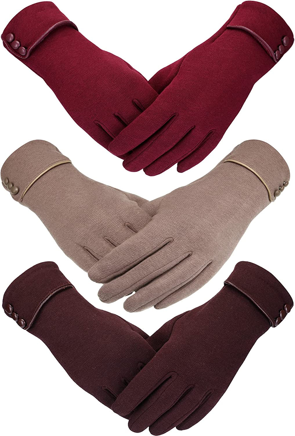 Patelai 3 Pairs Women Winter Gloves Warm Touchscreen Gloves Windproof Gloves for Women Girls Winter Using Apparel & Accessories > Clothing Accessories > Gloves & Mittens Patelai Wine Red, Brown, Khaki
