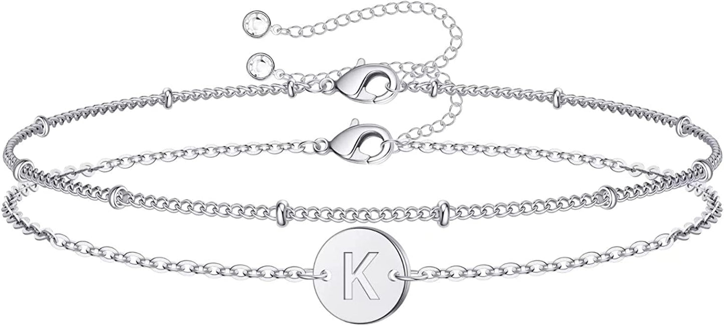 Silver Initial Bracelets for Women Teen Girls, 14K White Gold Filled Layered Letter Initial Bracelet Dainty Disc Initial Charm Bracelets Silver Bracelets for Women Girls Jewelry Gifts for Girls Apparel & Accessories > Jewelry > Bracelets MONOZO K