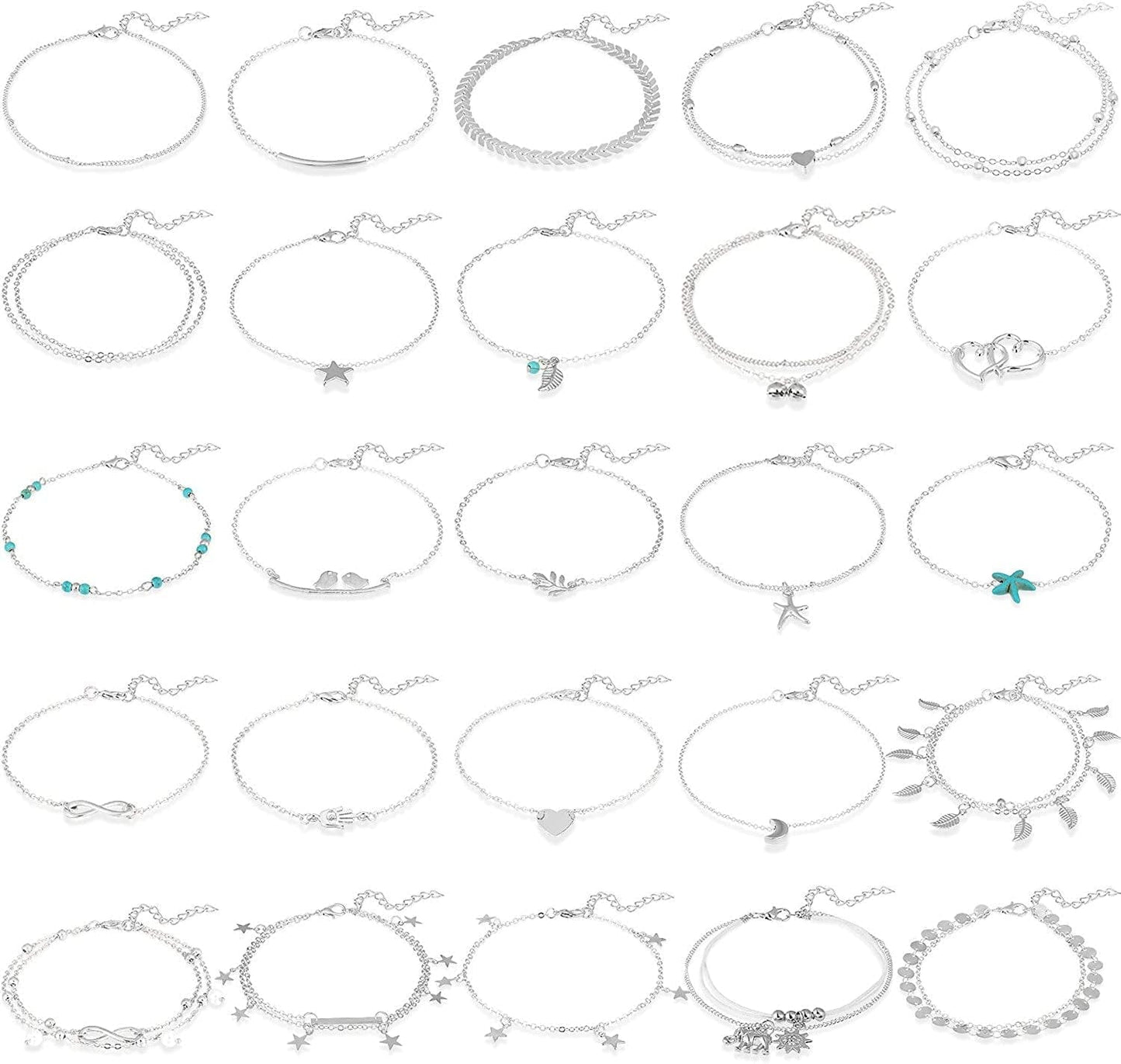 25 Pieces Ankle Chains Bracelets Adjustable Beach Anklets Boho Foot Jewelry Set for Women Girls Favors (Silver) Apparel & Accessories > Jewelry > Anklets Hicarer
