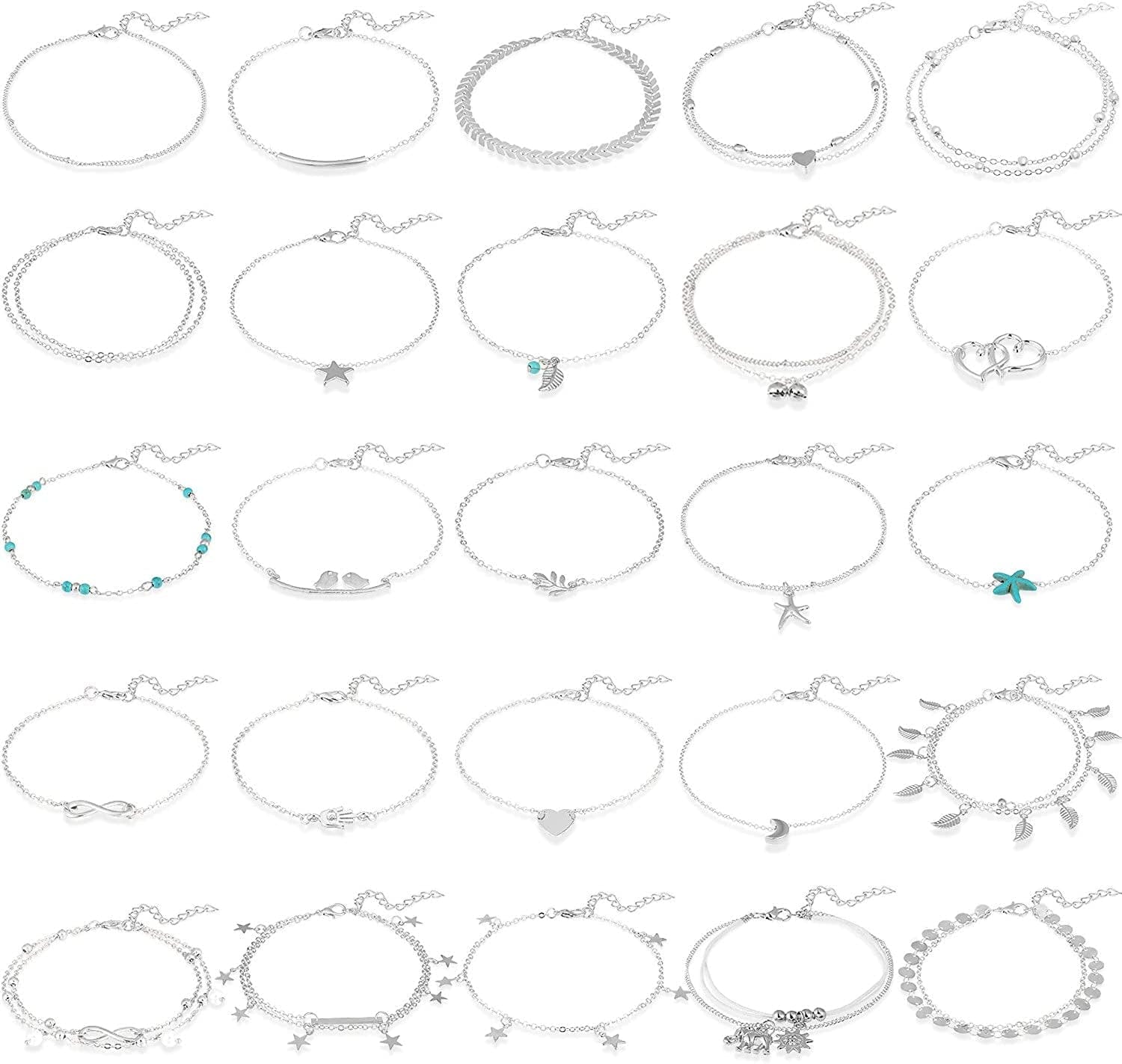 25 Pieces Ankle Chains Bracelets Adjustable Beach Anklets Boho Foot Jewelry Set for Women Girls Favors (Silver) Apparel & Accessories > Jewelry > Anklets Hicarer