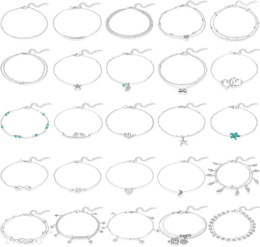 25 Pieces Ankle Chains Bracelets Adjustable Beach Anklets Boho Foot Jewelry Set for Women Girls Favors (Silver) Apparel & Accessories > Jewelry > Anklets Hicarer