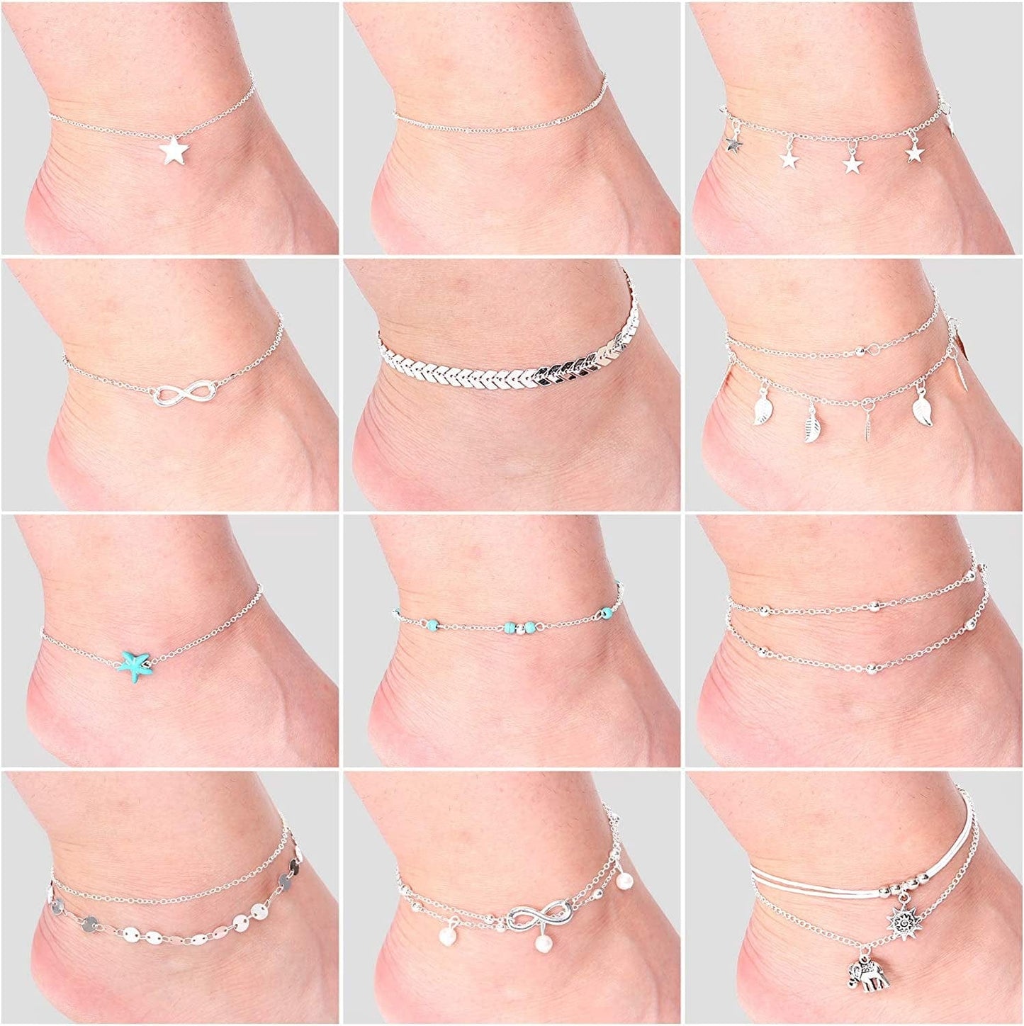 25 Pieces Ankle Chains Bracelets Adjustable Beach Anklets Boho Foot Jewelry Set for Women Girls Favors (Silver) Apparel & Accessories > Jewelry > Anklets Hicarer