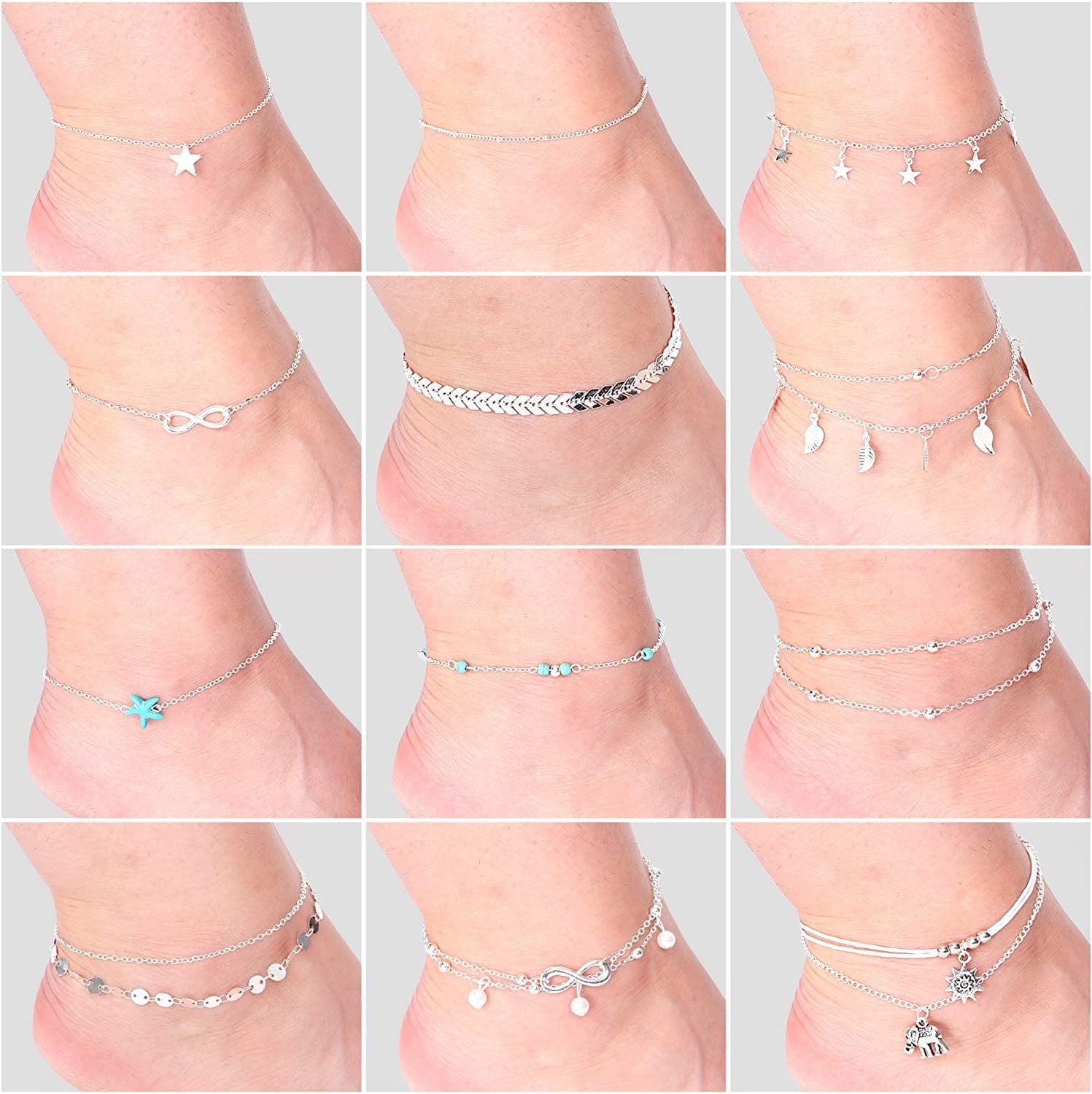 25 Pieces Ankle Chains Bracelets Adjustable Beach Anklets Boho Foot Jewelry Set for Women Girls Favors (Silver) Apparel & Accessories > Jewelry > Anklets Hicarer