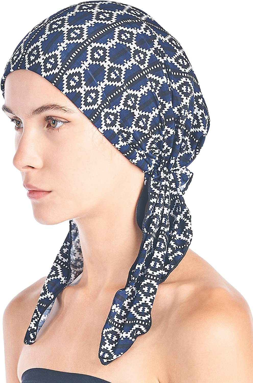 Ashford & Brooks Pre Tied Bandana Turban Chemo Head Scarf Sleep Hair Cover Hat Apparel & Accessories > Clothing Accessories > Bandanas & Headties Ashford & Brooks Navy Aztec One Size