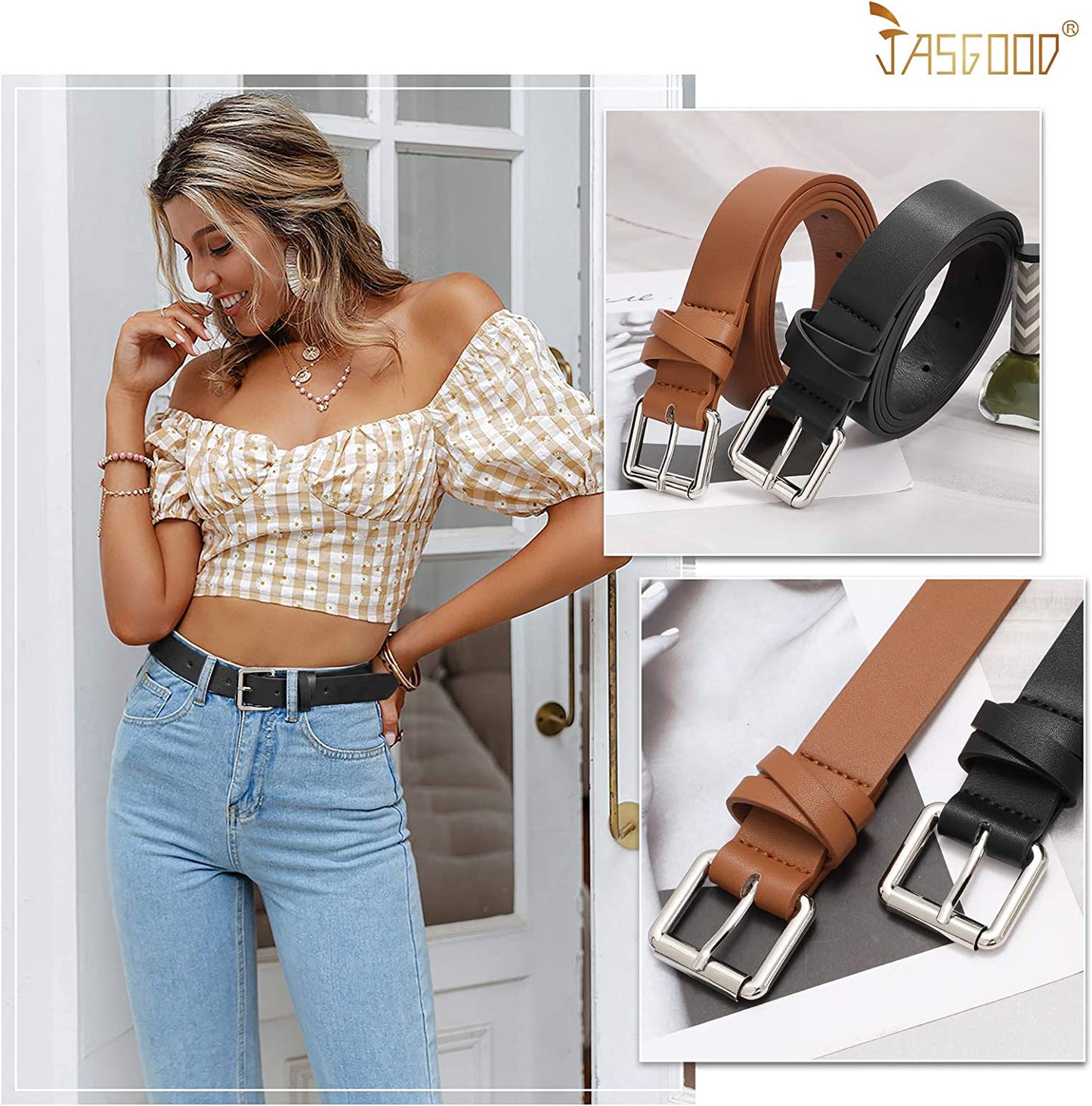 JASGOOD 2 Pack Women Leather Belt for Jeans Pants,Fashion PU Leather Belt with Alloy Buckle Apparel & Accessories > Clothing Accessories > Belts KYLIE MAX