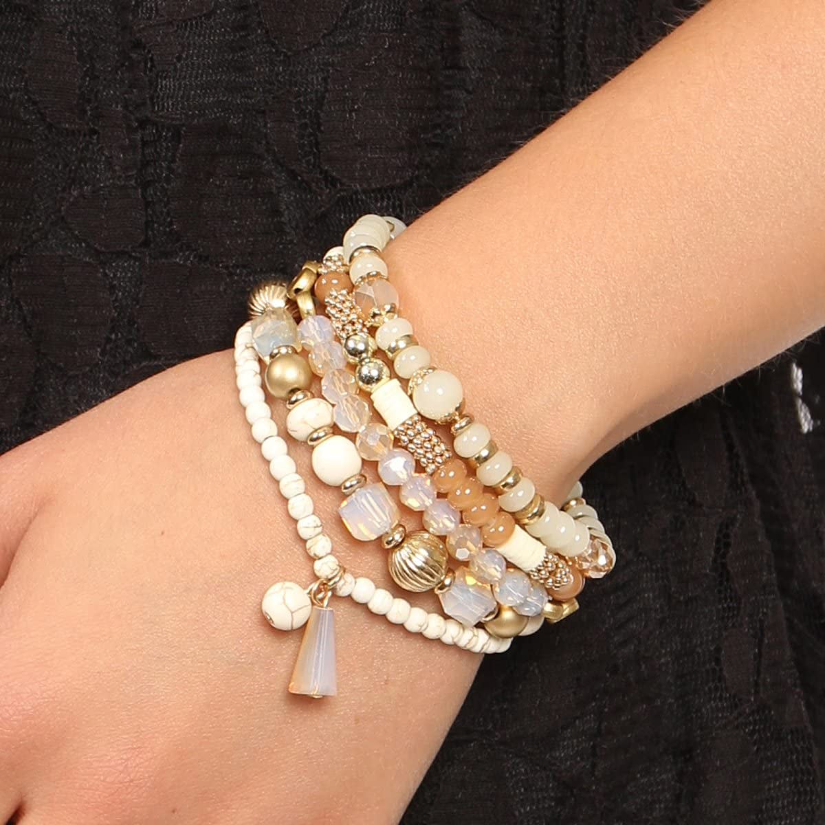 Bohemian Mix Bead Multi Layer Versatile Statement Bracelets - Stackable Beaded Strand Stretch Bangles Sparkly Crystal, Tassel Charm Apparel & Accessories > Jewelry > Bracelets RIAH FASHION
