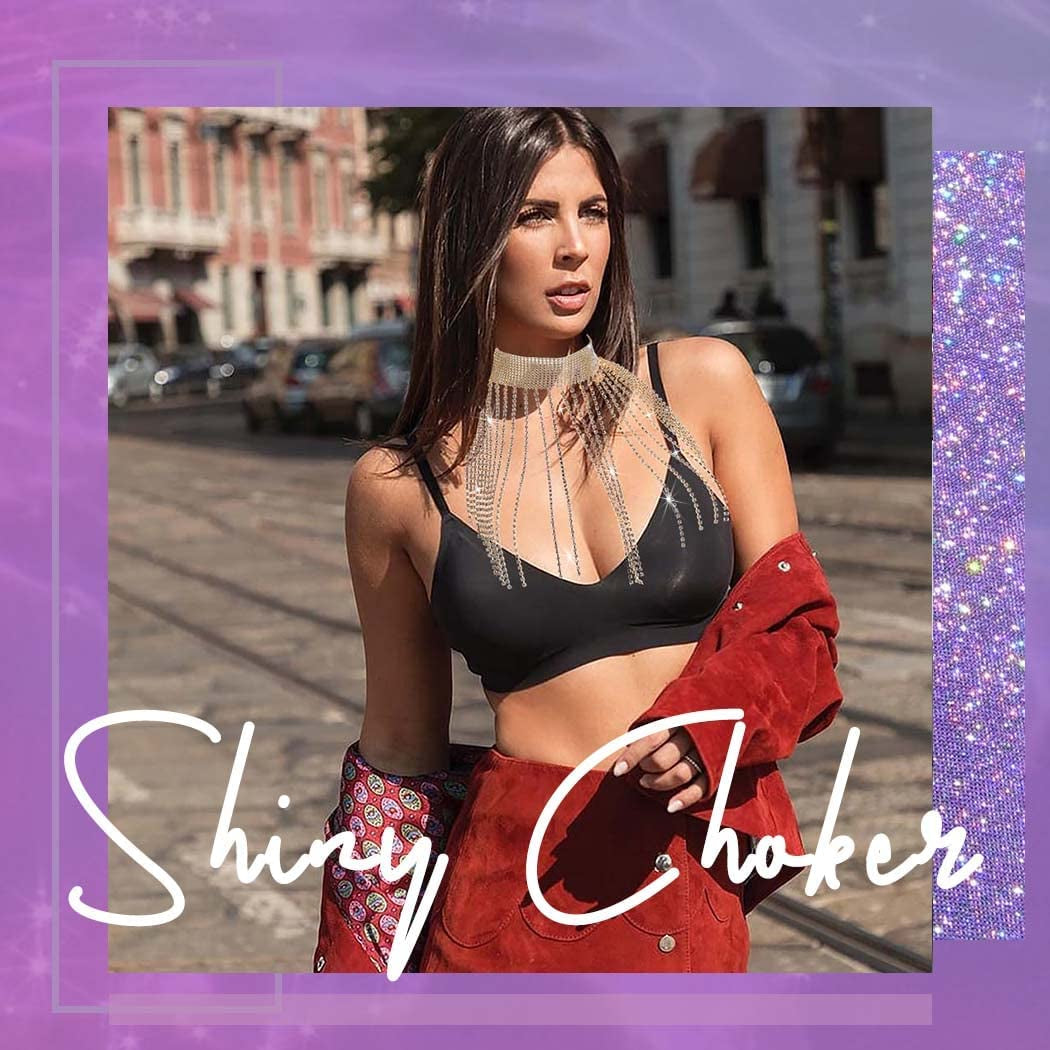 Rhinestone Tassel Choker Sexy Gold Wide Necklace Chain Shiny Evening Nightclub Adjustable Body Accessories Jewelry for Women Apparel & Accessories > Jewelry > Body Jewelry KYLIE MAX