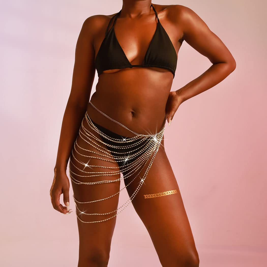 Rhinestone Layered Waist Chains Gold Sparkly Crystal Belly Body Chain Sexy Tassel Bikini Rave Festival Party Beach Clubwear Accessories Jewelry for Women and Girls Apparel & Accessories > Jewelry > Body Jewelry Generic