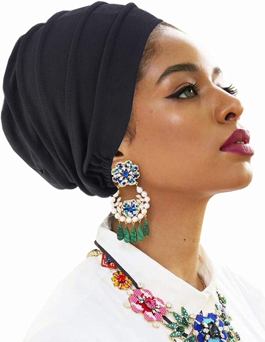 Pleated Chemo Cotton Turban Hat Alopecia Headwear Bald Head Cap for Cancer Covers Women Scarf Apparel & Accessories > Clothing Accessories > Headwear Harewom Black Large-X-Large