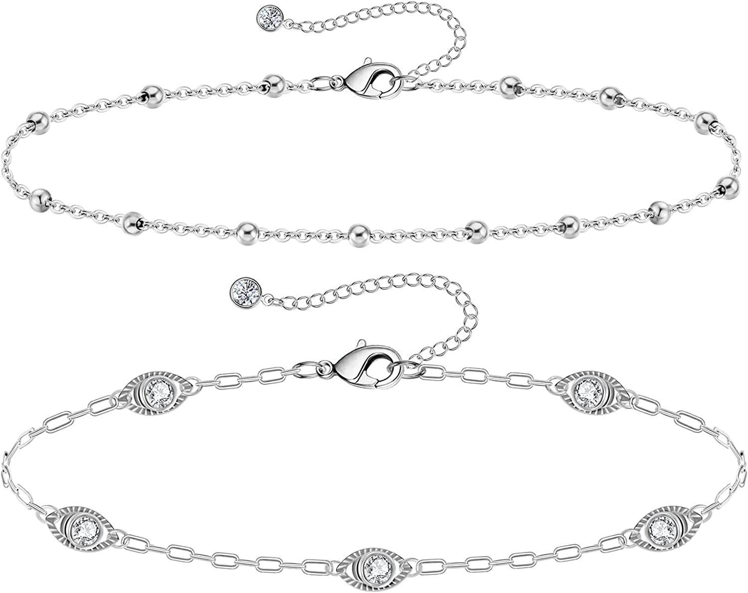 Gold Ankle Bracelets for Women 14K Gold Plated Anklet Silver Tennis Rose Quartz Cross Bead Herringbone Snake Paperclip Chain Cubic Zirconia Dainty Layered Anklet Set 3Pcs Apparel & Accessories > Jewelry > Anklets WeSparking Z-WG-Crystal Evil Eye