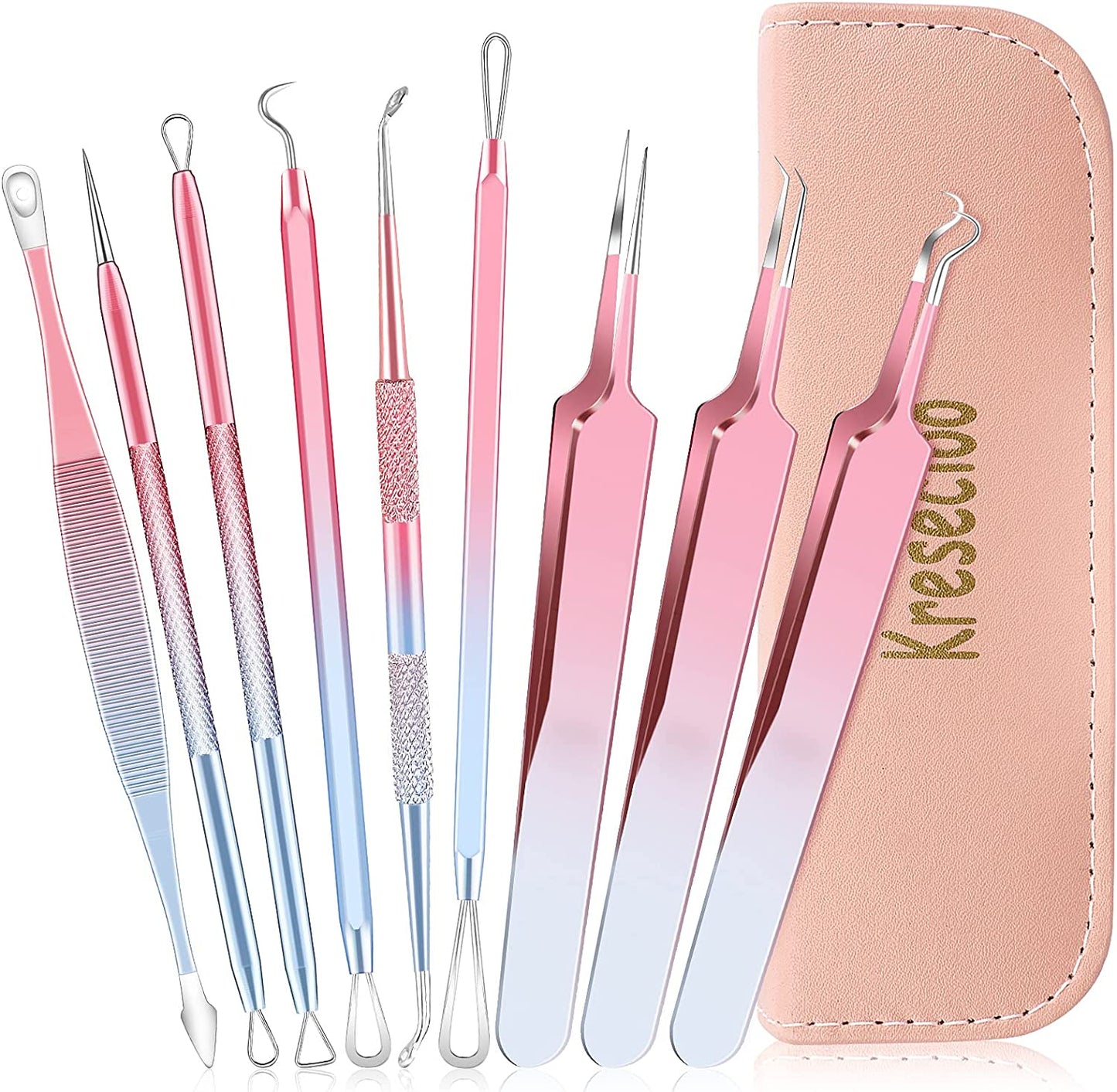 Kresecioo 9 PCS Blackhead Remover Tools, Pimple Popper Tool Kit, Acne Tools Extractor Kit Professional for Nose Face, Blemish Whitehead Zit Popping Tool with Portable Leather Bag(Pink) Health & Beauty > Personal Care > Cosmetics > Cosmetic Tools > Skin Care Tools Kresecioo