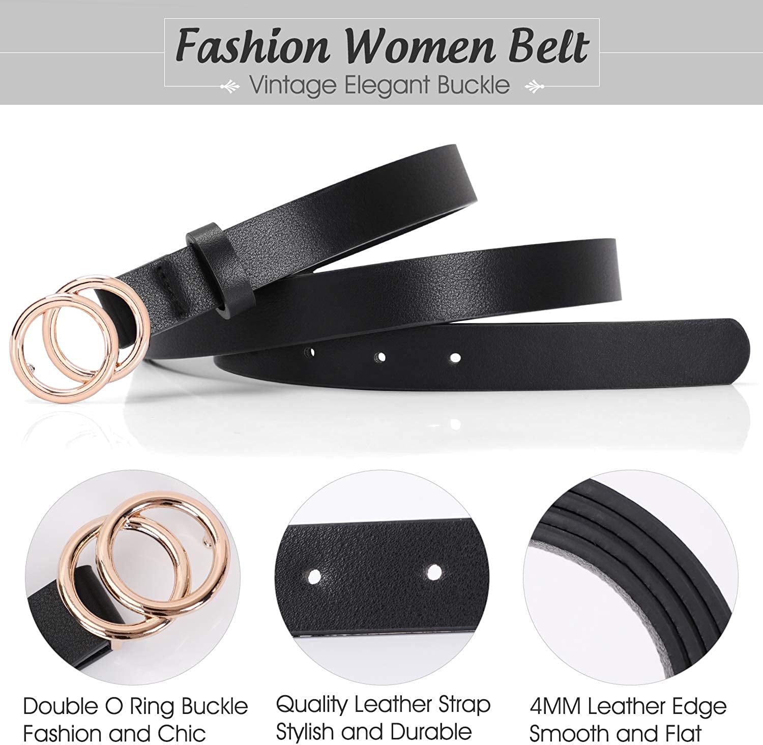 Double Ring Leather Belts for Women SANSTHS O-Style Gold Buckle Skinny Dress Belt 0.86 Inch Width for Jeans Pants Apparel & Accessories > Clothing Accessories > Belts SANSTHS