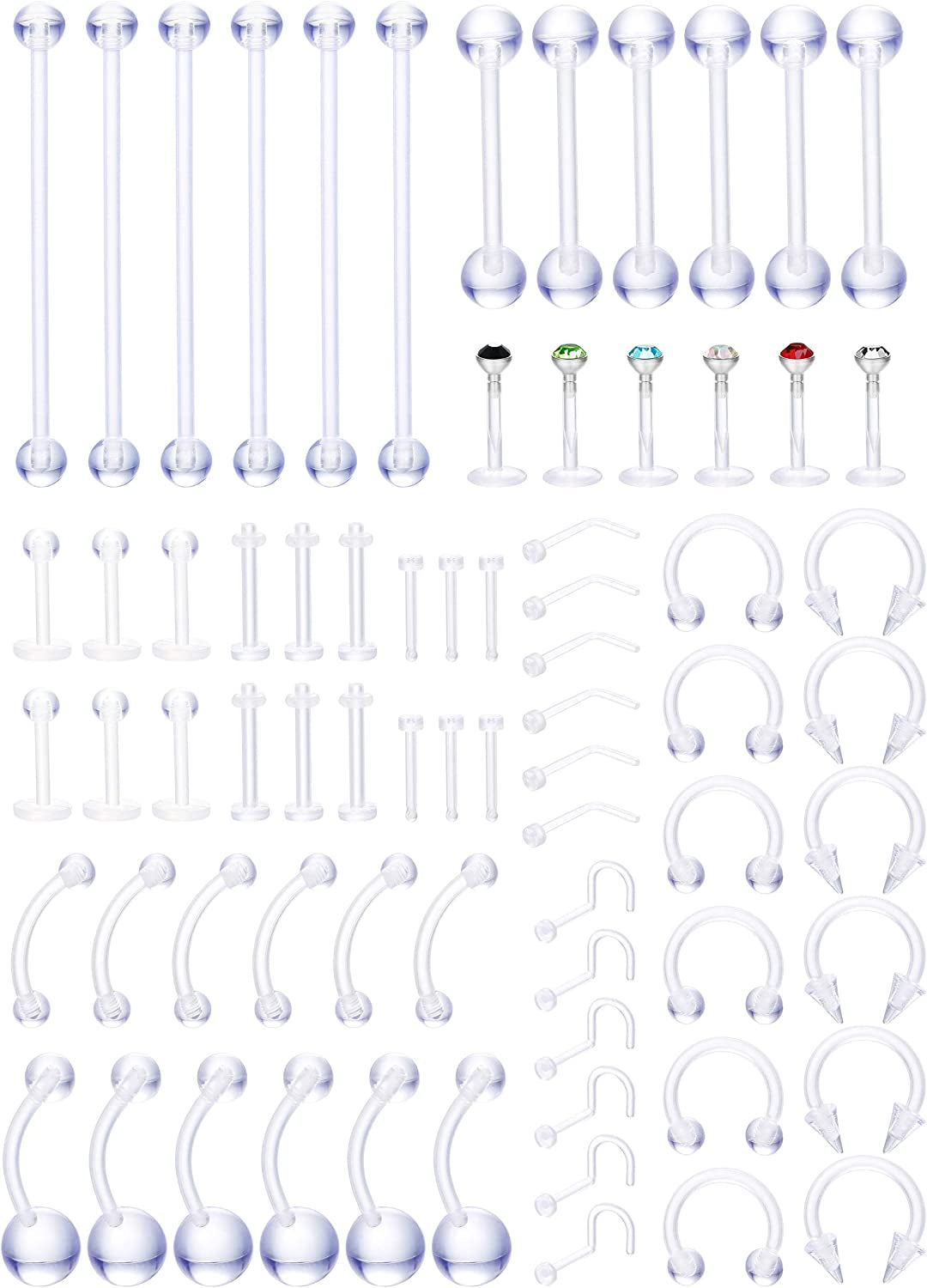 Jstyle 72Pcs 14G-20G Acrylic Body Piercing Lot Nose Ring Horseshoe Lip Tongue Eyebrow Tragus Body Piercing Navel Rings Barbells Apparel & Accessories > Jewelry > Rings Jstyle