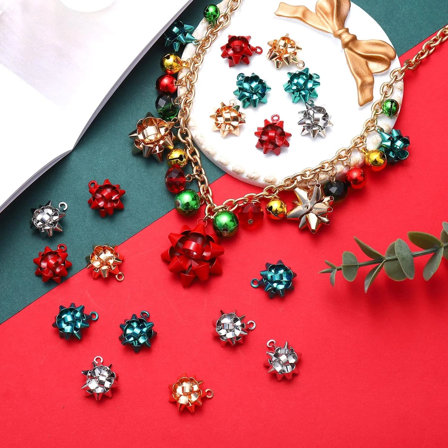 25PCS Christmas Charms for Jewelry Making Red Green Xmas Bow Charm Pendants for DIY Earring Bracelet Necklaces Holiday Clothes Sewing Bag Decoration Supply