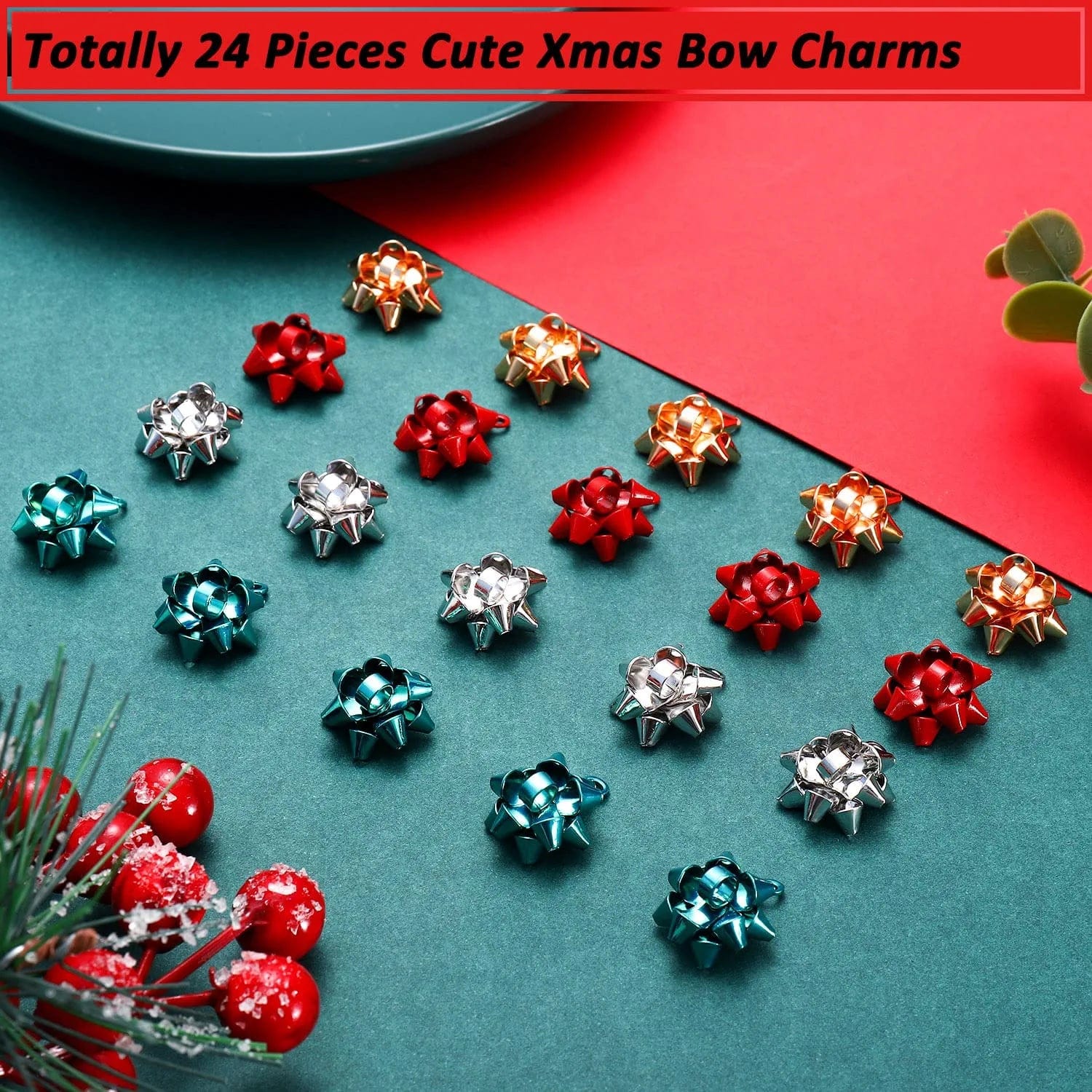 25PCS Christmas Charms for Jewelry Making Red Green Xmas Bow Charm Pendants for DIY Earring Bracelet Necklaces Holiday Clothes Sewing Bag Decoration Supply