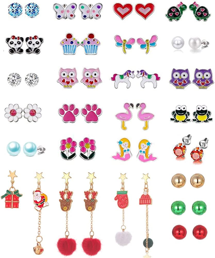 26/32 Pairs Hypoallergenic Christmas Stud Earrings for Girls Cute Animal Earrings for Teen Girls Little Girls Stainless Steel Earrings for Sensitive Ears Assorted Jewelry Set Dangle